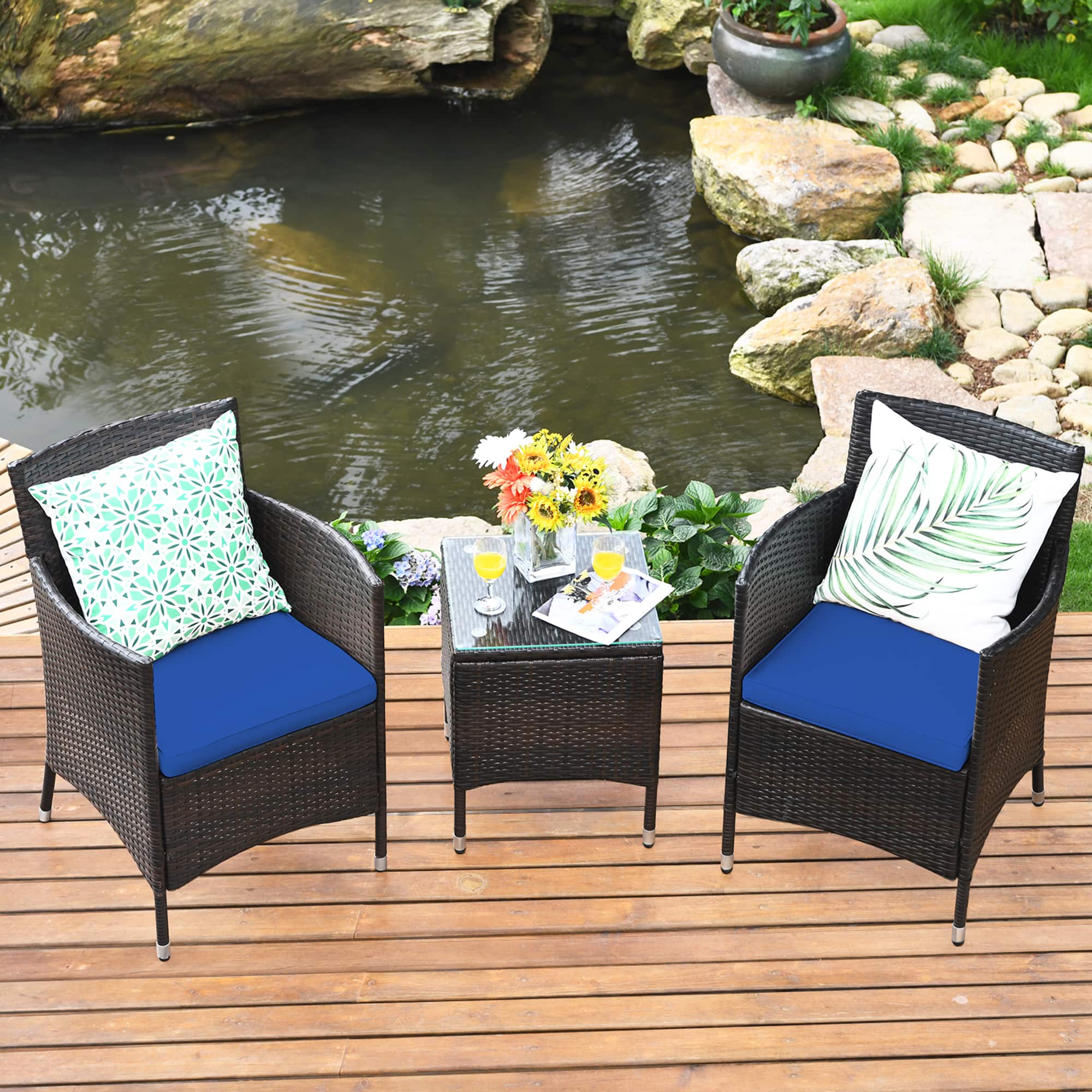Gymax - 3PCS Patio Rattan Chair & Table Furniture Set Outdoor w/ Cushion - Navy price history on PriceWatchPro