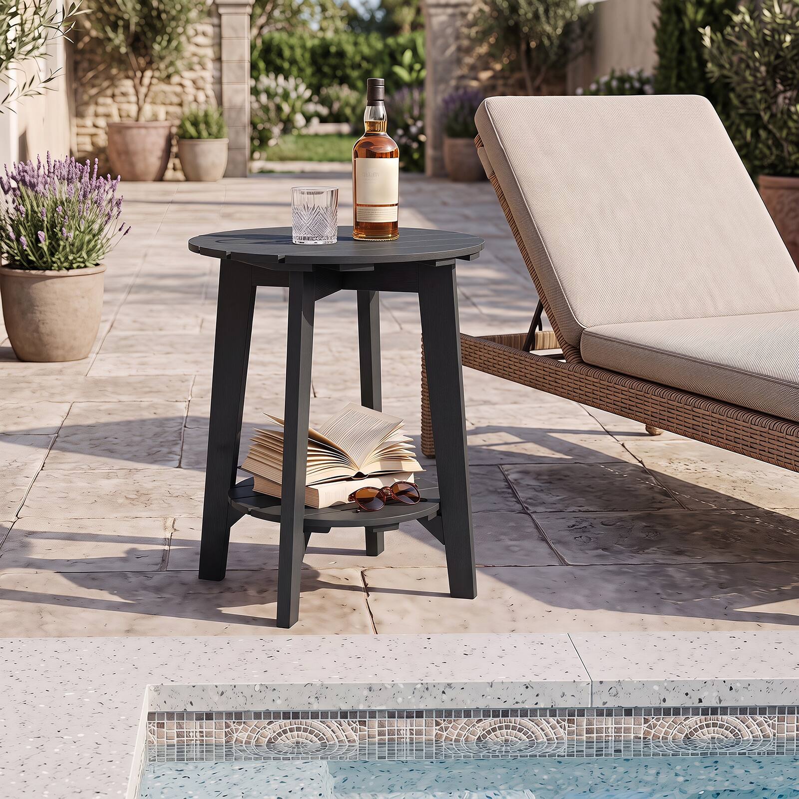 Alt View 3. Gymax - Gymax 2PCS Outdoor Eucalyptus Wood Side Table 2-Tier End Table w/Slatted Tabletop Black - Black.