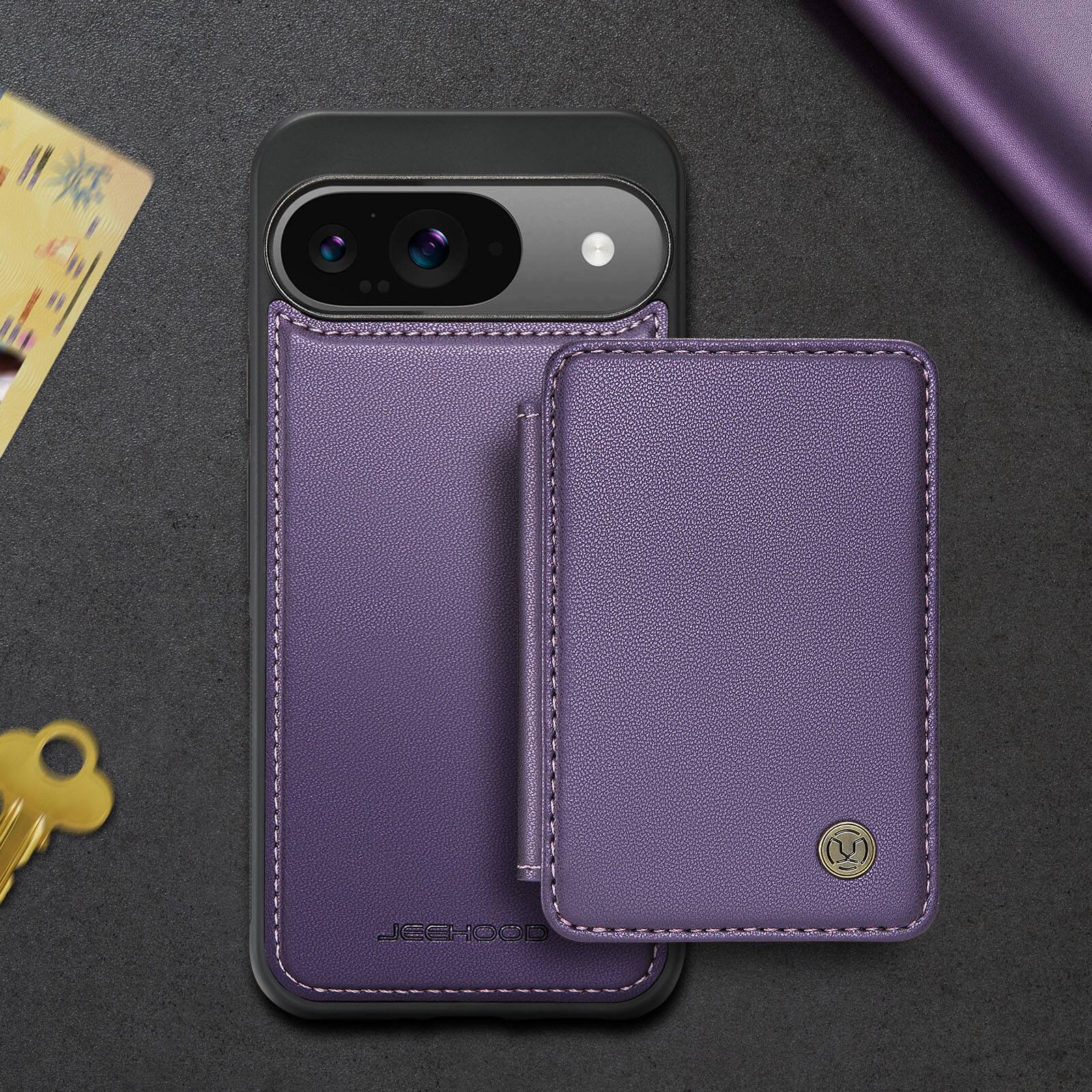 Alt View 4. Dteck - 2-in-1 Wallet Case for Google Pixel 9 Pro with Magnetic Card Holder, RFID PU Leather Flip Folio Kickstand Cover - Purple.