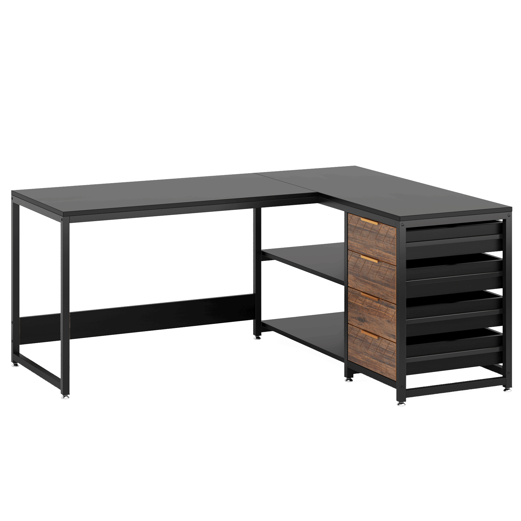 Angle. APRILSOUL - 59Inches L-Shaped Computer Desk with Drawers and Storage Shelves Reversible Corner Office Desk File Cabinets Black - Black+Brown.