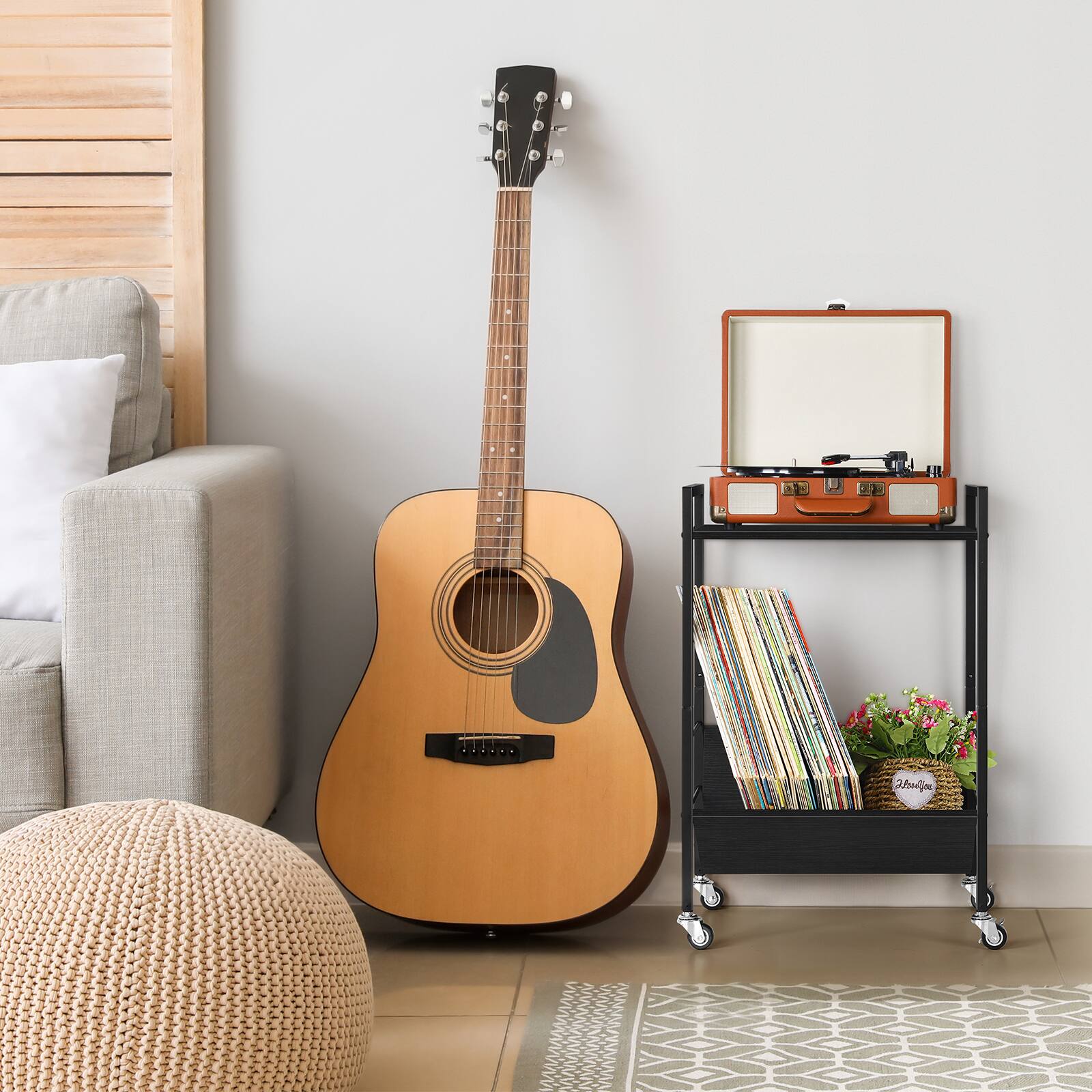 Angle. Oumilen - Wood Grain 2-Tier Rolling Turntable Cart with V-Shaped Vinyl Storage, Matte Black Metal Frame - Black.