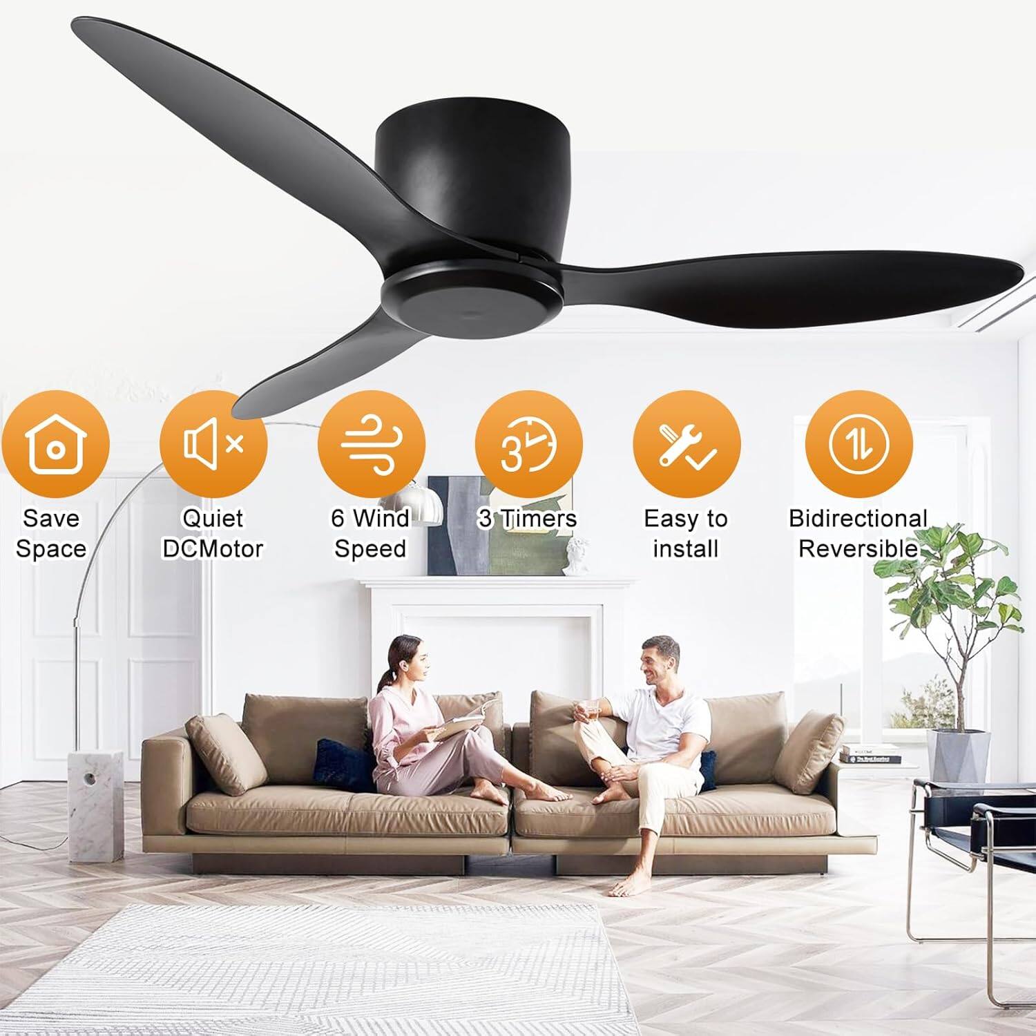 Sofucor - 42'' Ceiling Fan No Light with Remote Modern Timer Ceiling Fan Noiseless Reversible for Patio Living Room Bedroom - Black