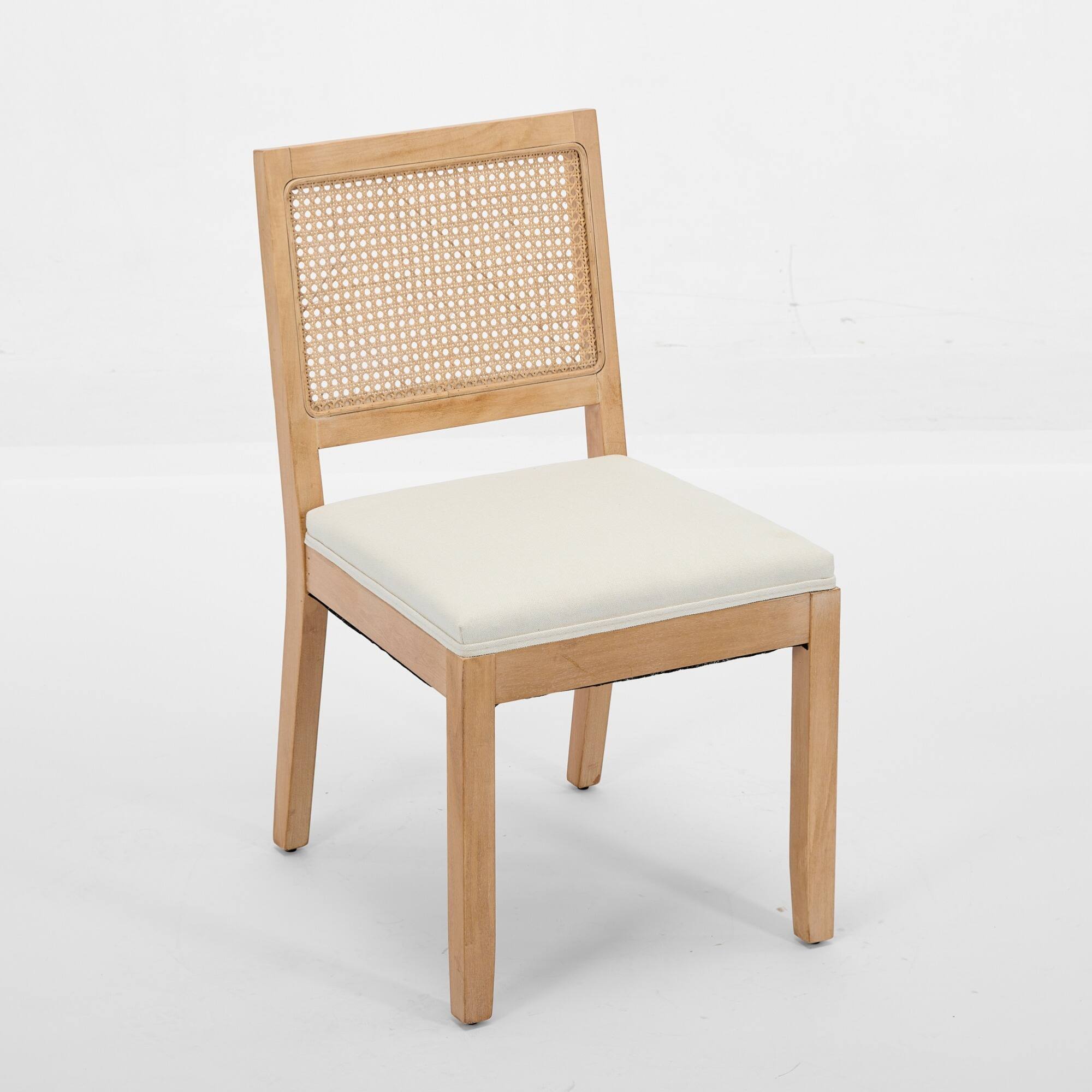 Back. GOODSILO - Set of 2 Modern Farmhouse Dining Chairs with Rattan Backrest and Linen Upholstery for Kitchen and Dining Room - Beige.