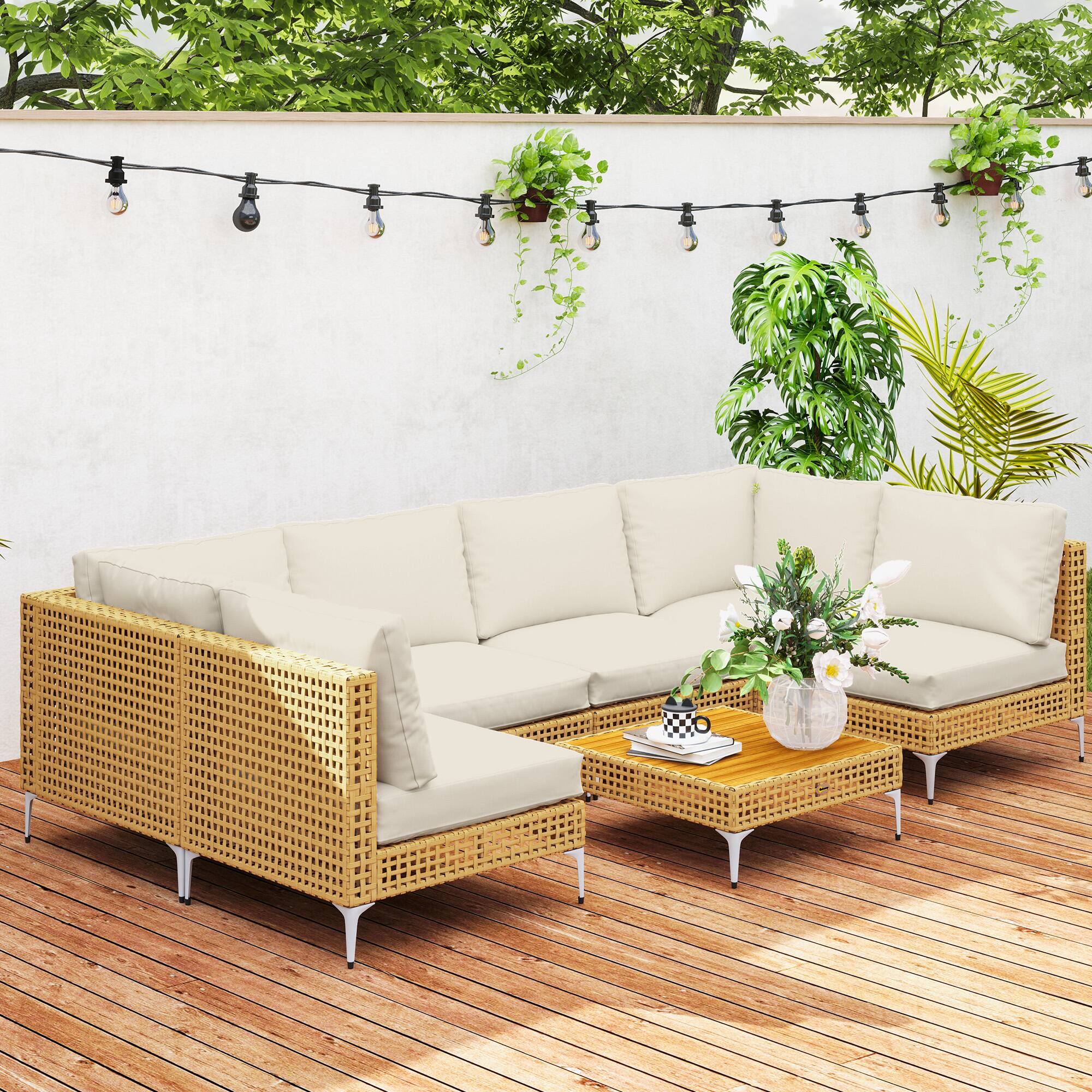 Alt View 8. Outsunny - 7 Piece Wicker Patio Furniture Set, Modular Outdoor Sectional with Thickened Cushions - Khaki/Beige.