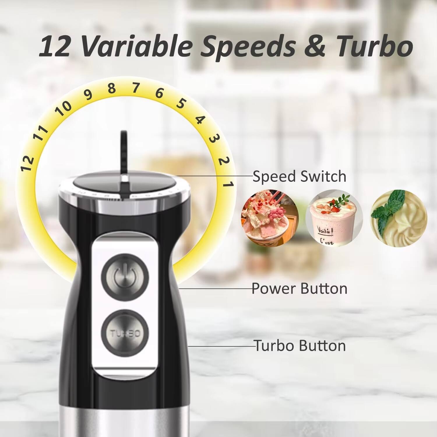 12 Variable Speeds & Turbo

Speed Switch: 1 2 3 4 5 6 7 8 9 10 11 12

Power Button

Turbo Button
