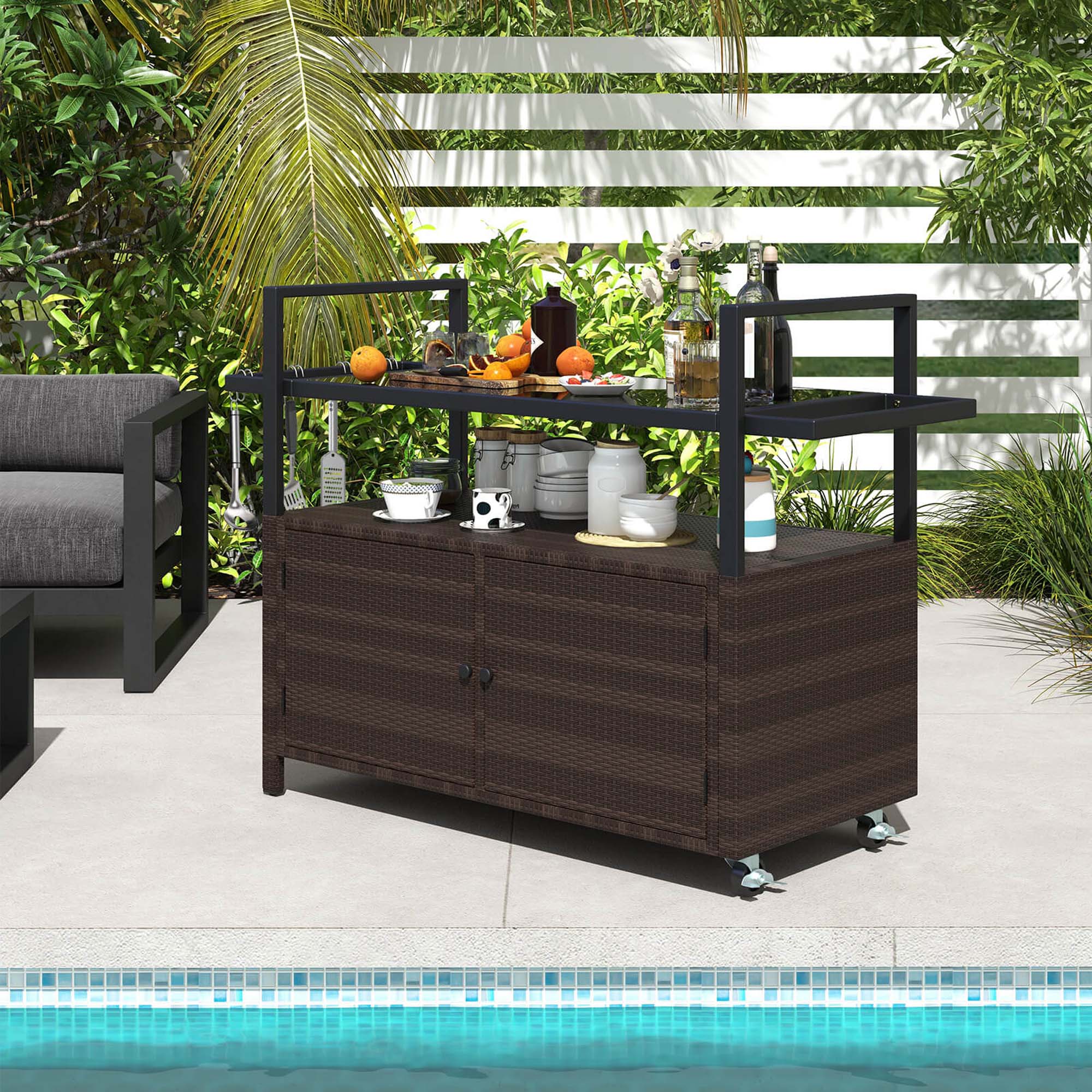 Alt View 4. Costway - Costway Outdoor Bar Cart with Tempered Glass Top Storage Cabinet & 8 Hooks for Porch - Brown.
