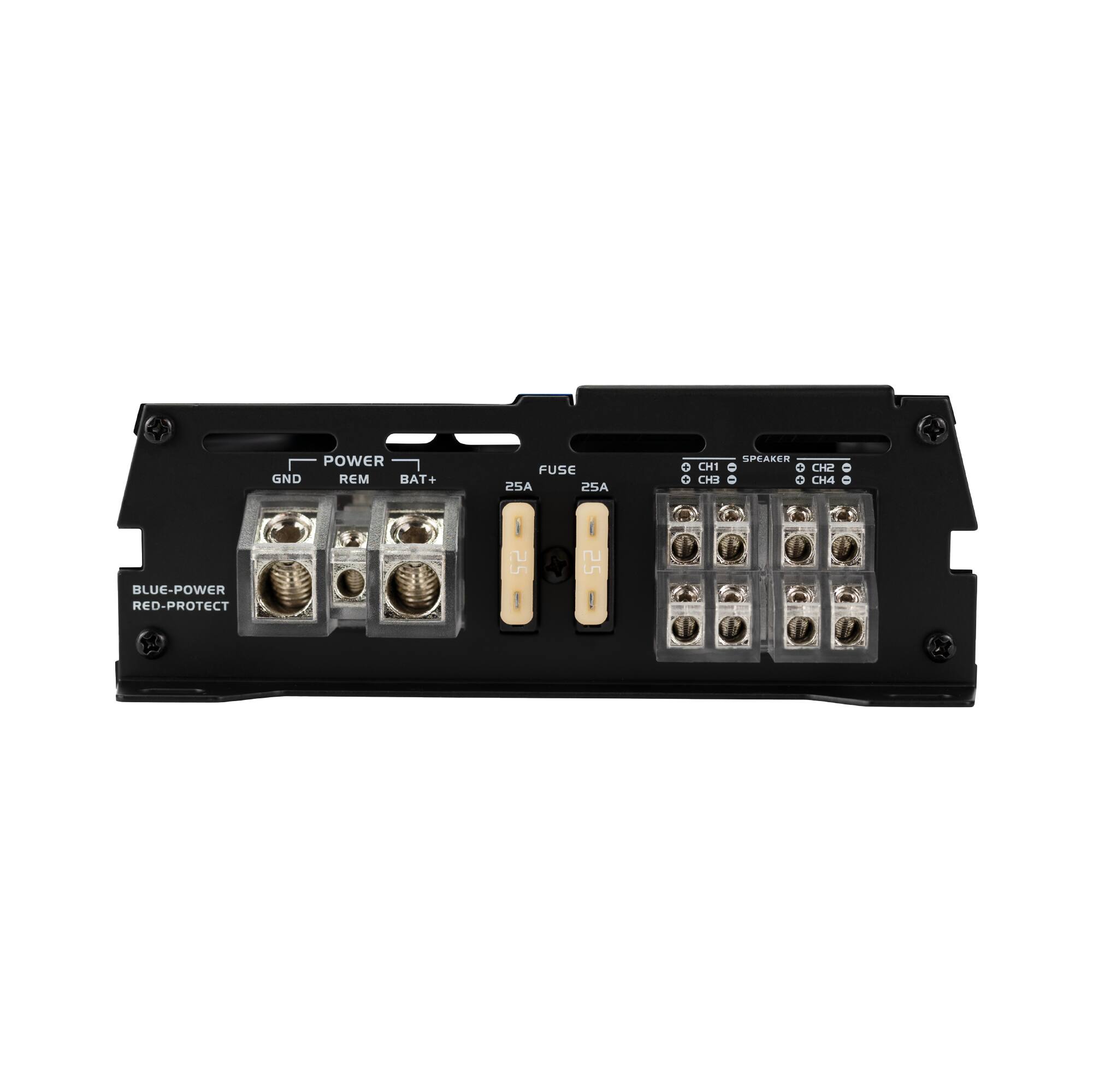 POWER GND REM BAT+
FUSE 25A 25A
C CH1 0 CH3
SPEAKER
CH2 CH4
BLUE-POWER RED-PROTECT