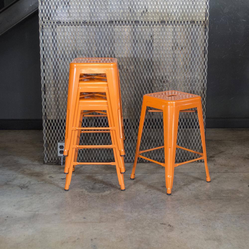 Back. AmeriHome - Loft 24 Inch Metal Bar Stool - 4 Piece - Orange.
