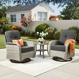 Ovios - 3 PCS Patio Rocker Set, Wicker Rocking Chairs, Rattan Swivel Chairs with Side Table - Black