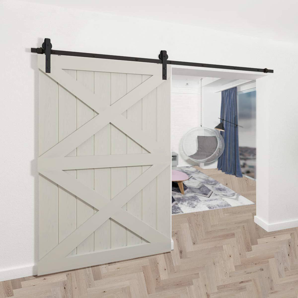 Alt View 1. Boyel Living - 10 ft./120 in. Black Bent Strap Sliding Barn Door Track and Hardware Kit for Single Door with Floor Guide - Black.