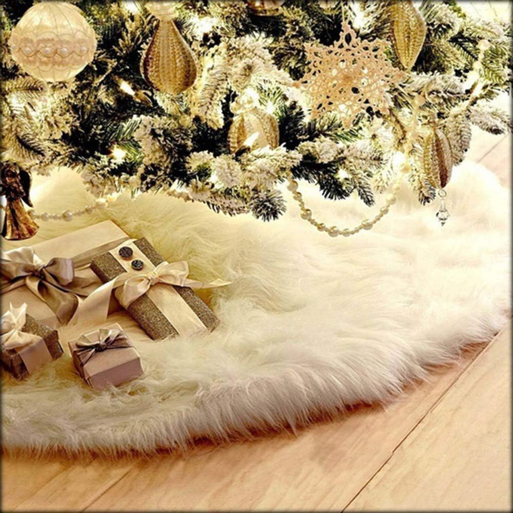 Front. PARKER SLATER - 48 Inch Faux Christmas Tree Skirt White Plush For Merry Party Decoration soft loop every stored contact tree winter... - White.