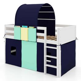 Costway - Twin Loft Bed with Tower & Tent 3 Storage Pockets Safety Guardrail and Ladder - Navy,White