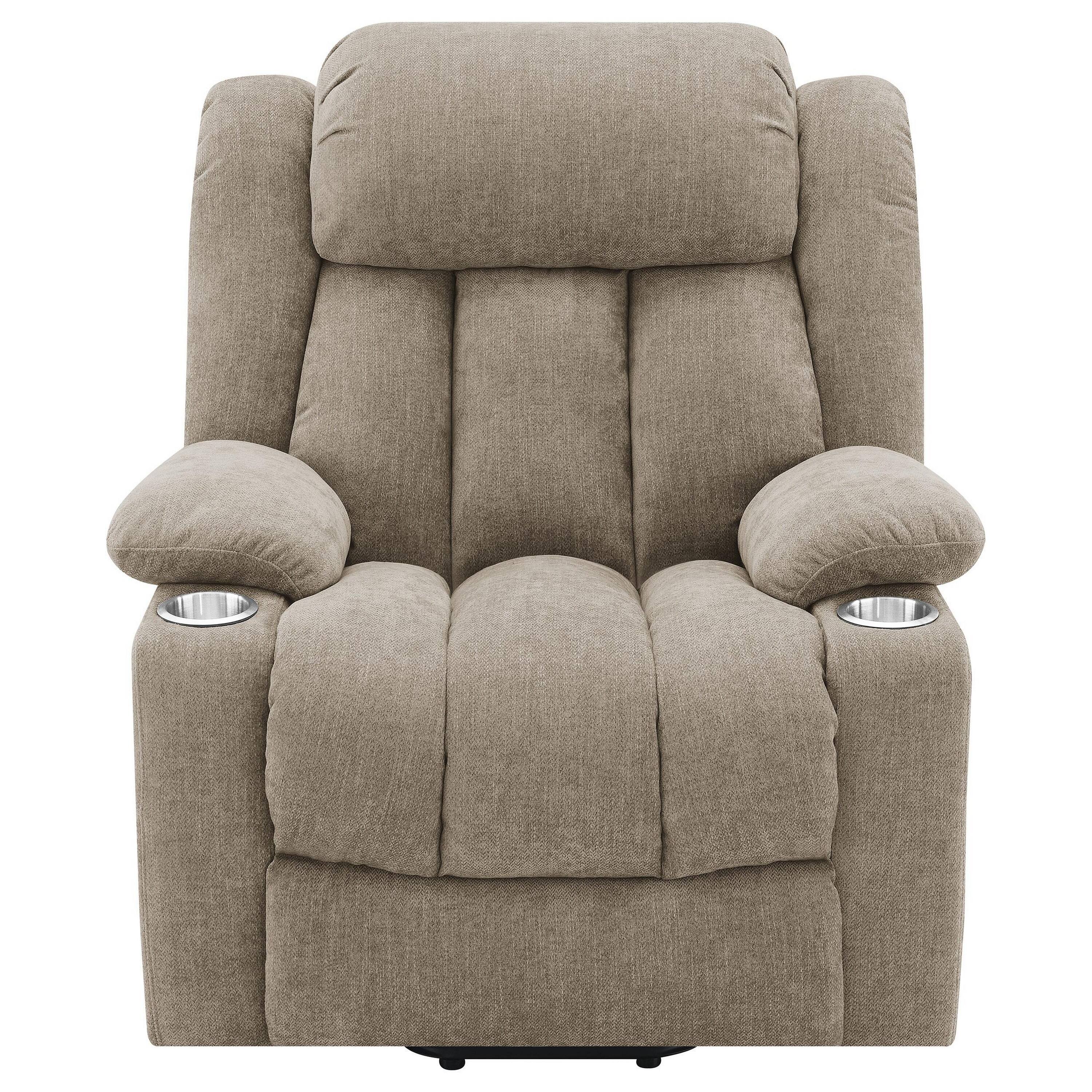 Left. Manhattan Lane - Limi Power Lift Recliner Chair, Camel , USB Port, Cupholders - Camel Brown.