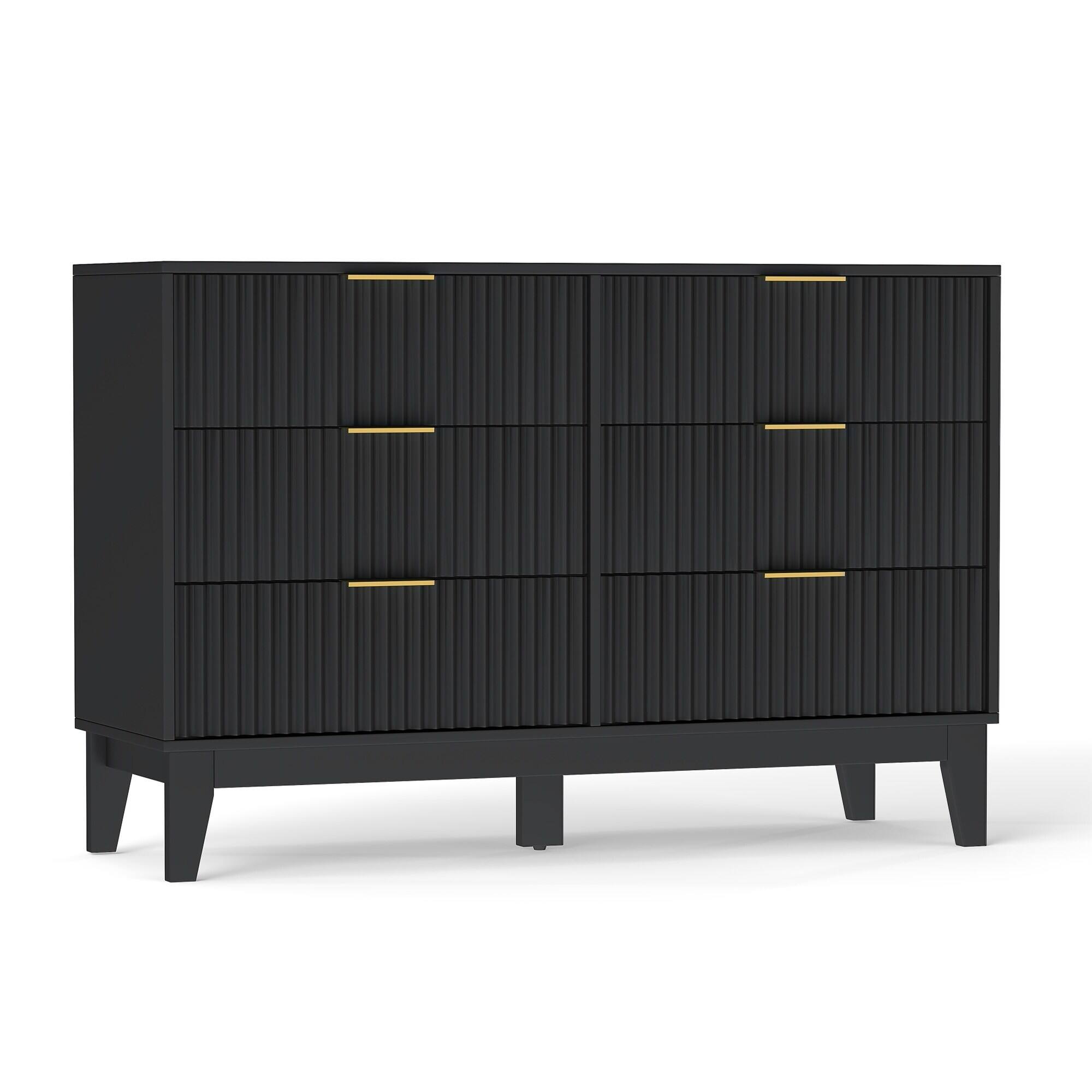 Alt View 8. U-HOMY - Modern 6 Drawer Fluted Dresser, Mid Century Wide Chest of Drawers with Metal Handles for Bedroom and Living Room - Blcak.