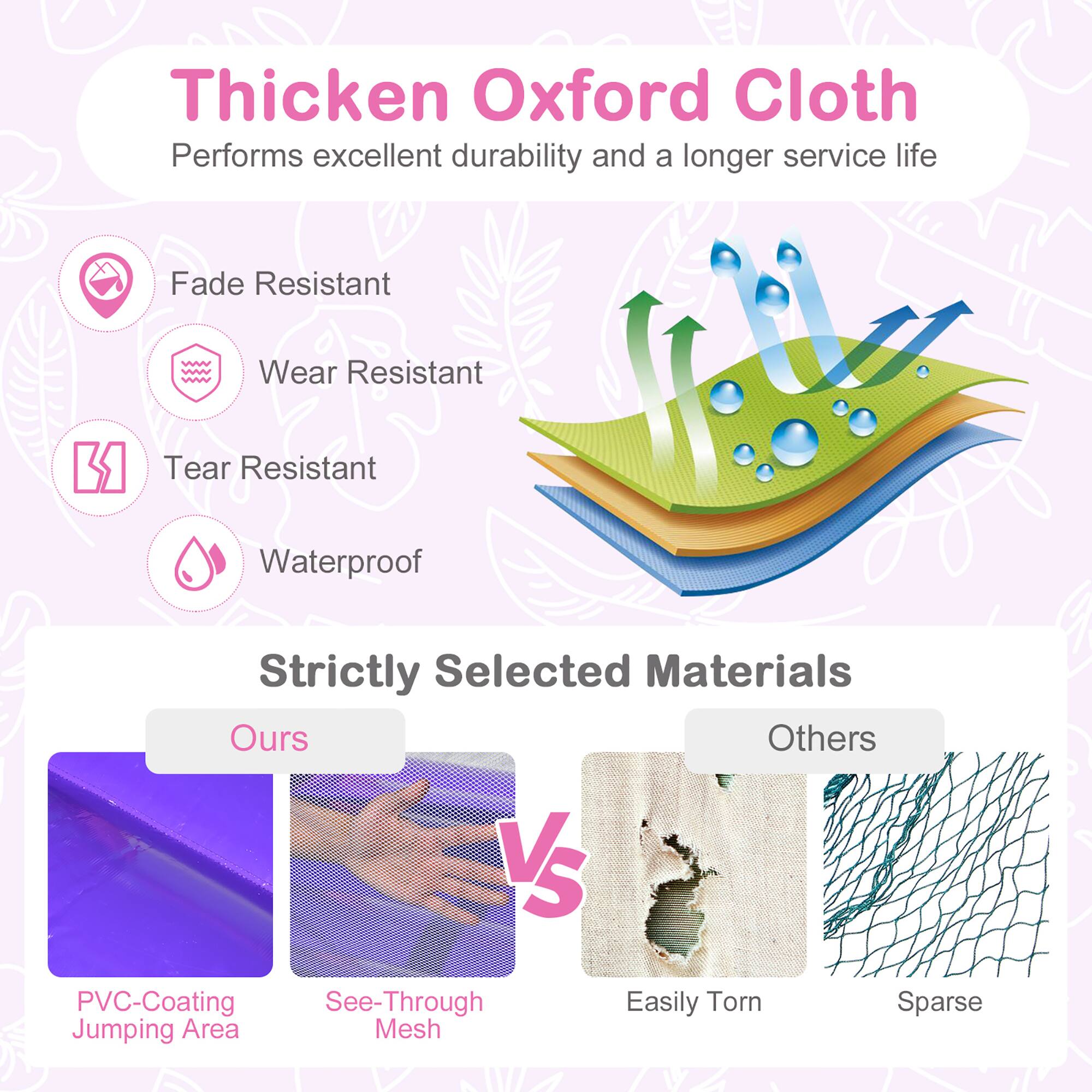 Thicken Oxford Cloth  
Performs excellent durability and a longer service life

- Fade Resistant
- Wear Resistant
- Tear Resistant
- Waterproof

Strictly Selected Materials

Ours  
- PVC-Coating Jumping Area  
- See-Through Mesh

Others  
- Easily Torn  
- Sparse