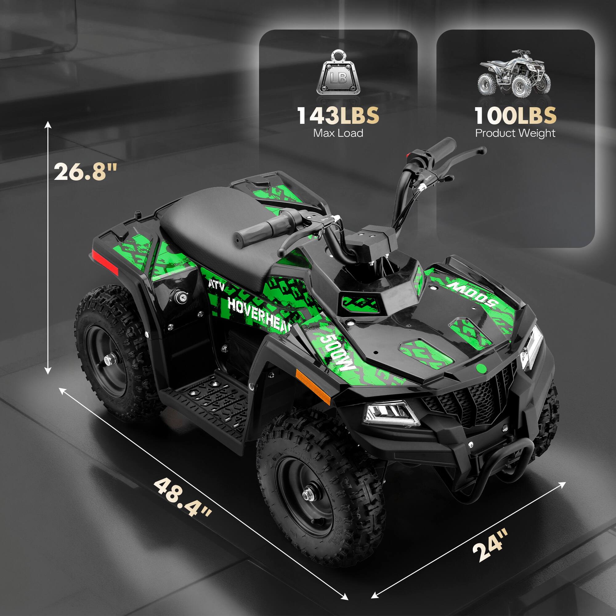 LB  
143LBS Max Load  
100LBS Product Weight  
26.8"  
ATVILLA VTA HOVERHEAT UNAMA 500W  
500W DO  
48.4"  
24"