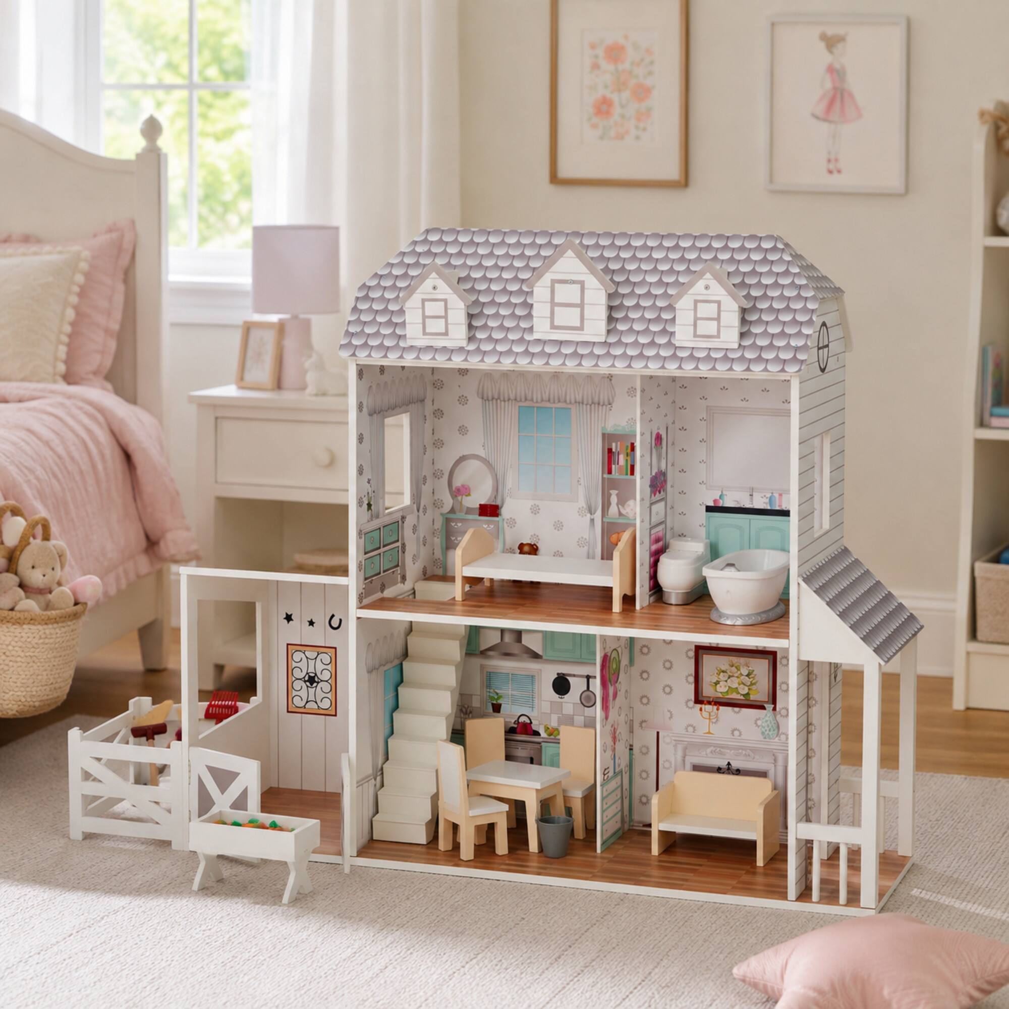 Angle. Teamson Kids - 2-Story Farmhouse Dollhouse with Stable.