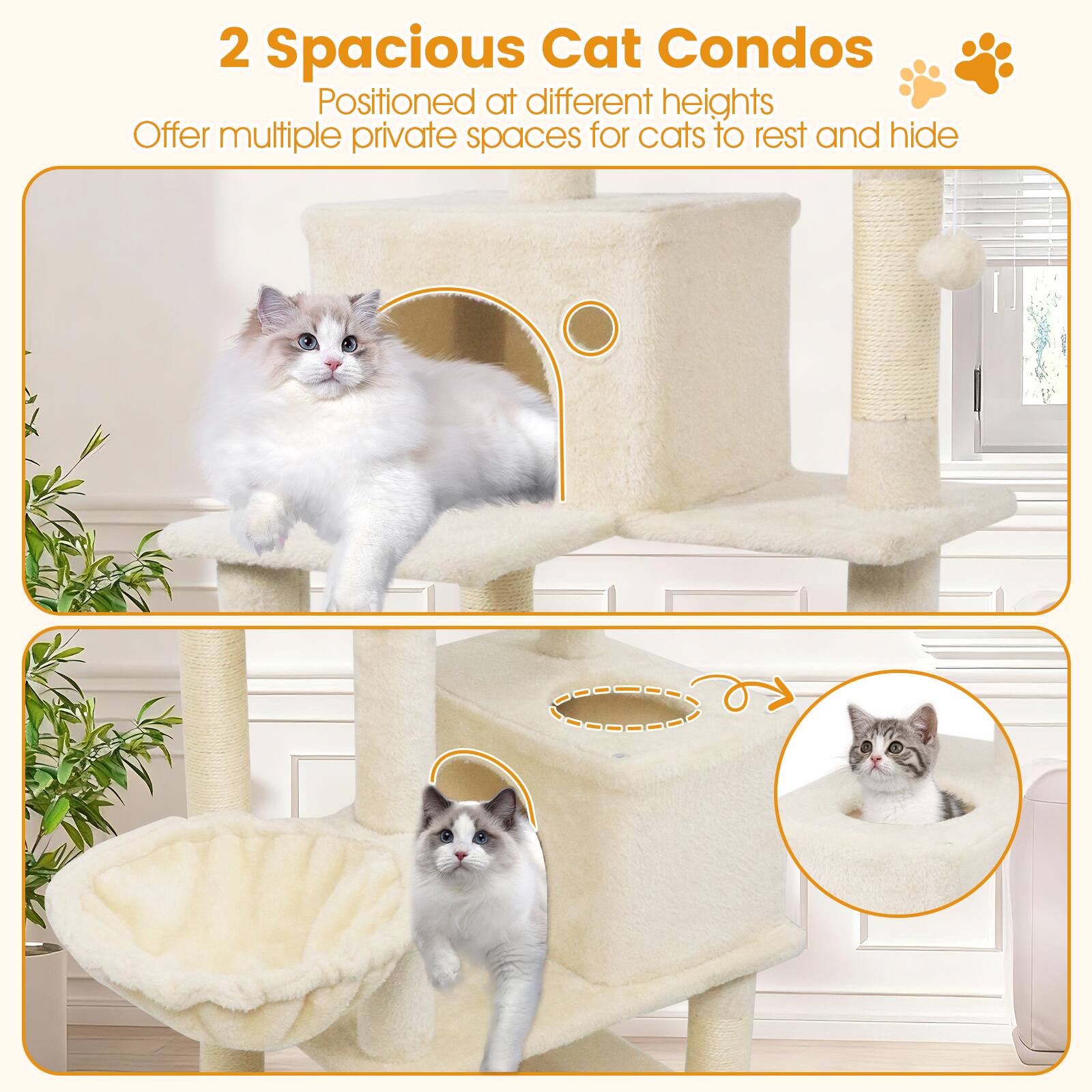 2 Spacious Cat Condos  
Positioned at different heights  
Offer multiple private spaces for cats to rest and hide