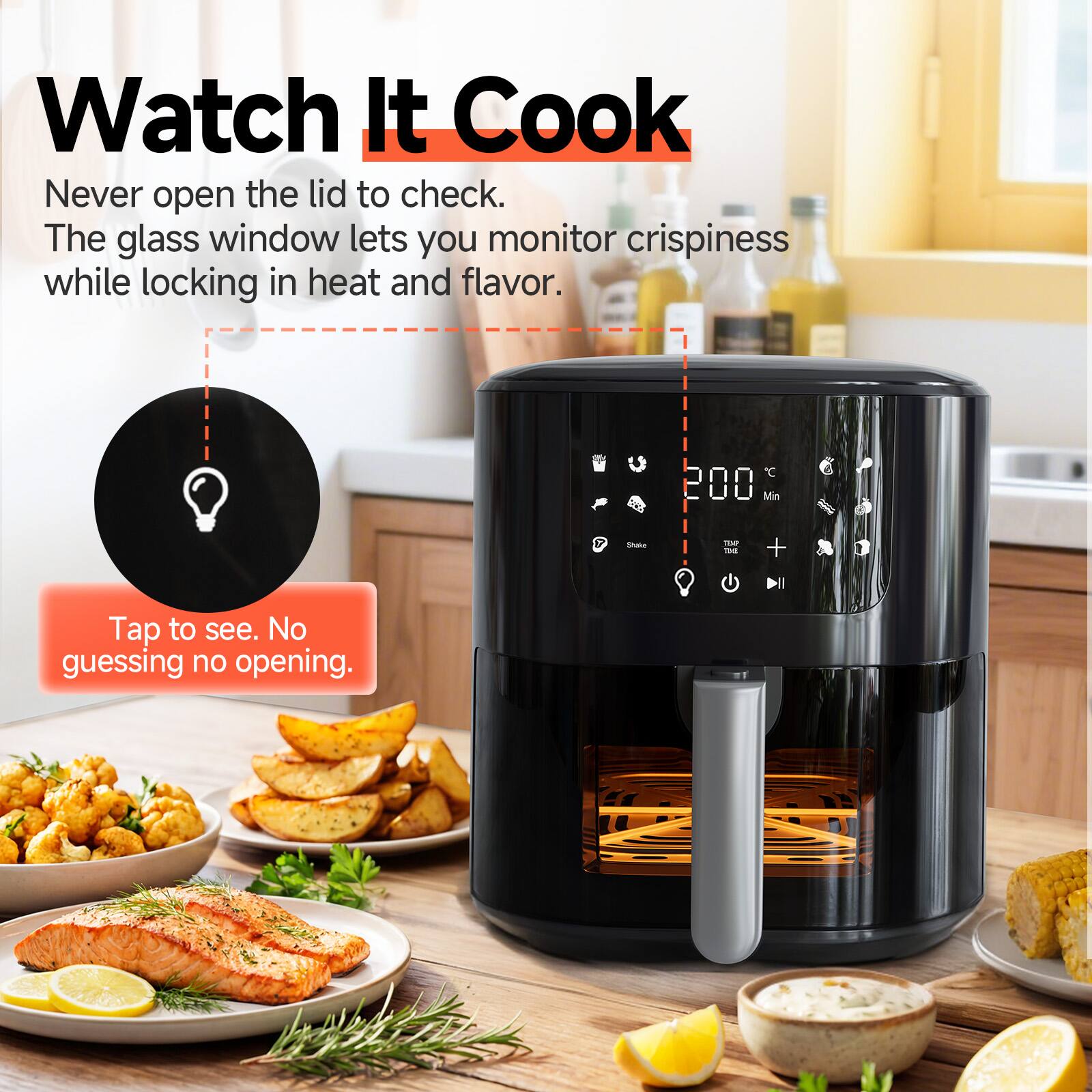 Watch It Cook

Never open the lid to check. The glass window lets you monitor crispiness while locking in heat and flavor.

Tap to see. No guessing, no opening.