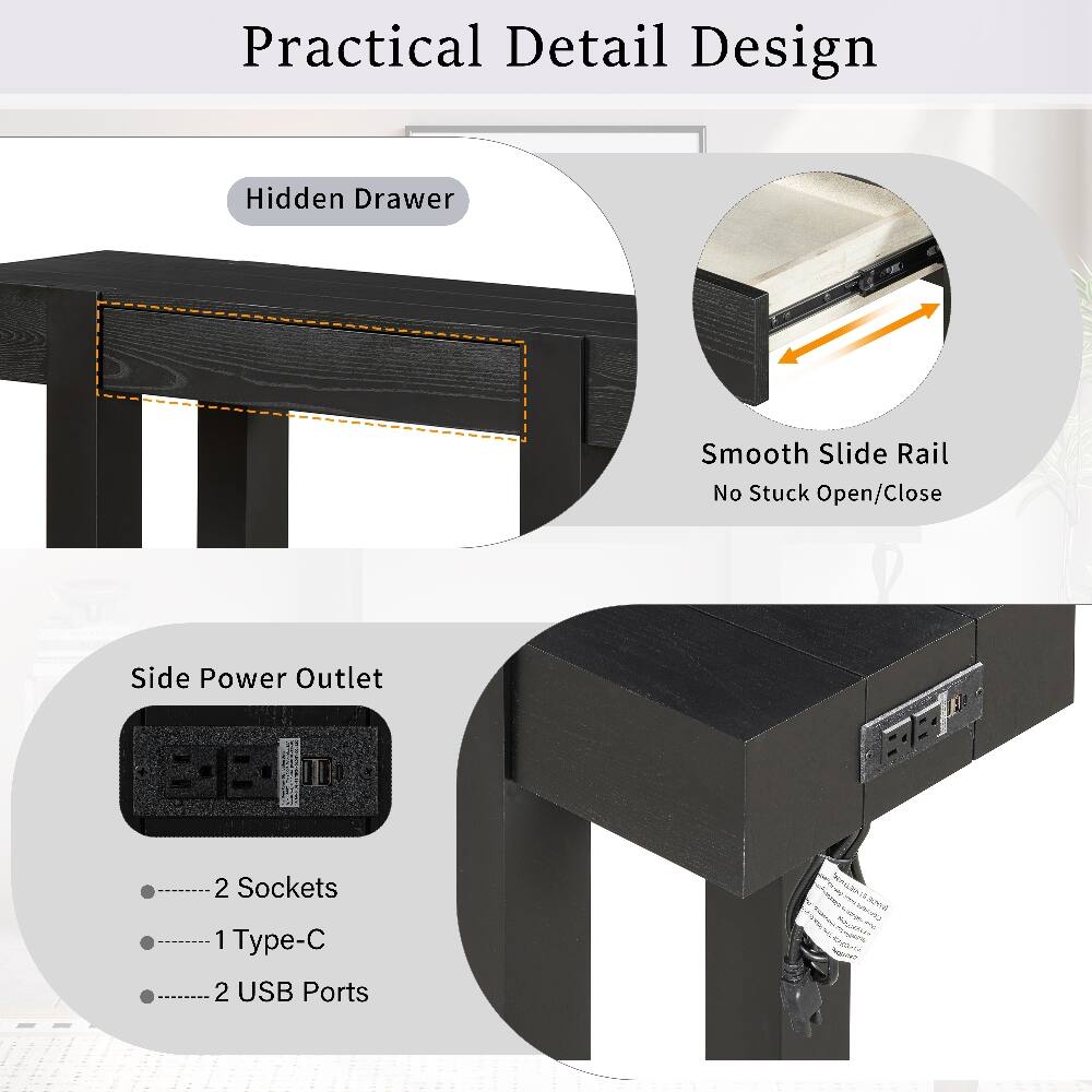 Practical Detail Design

Hidden Drawer

Smooth Slide Rail No Stuck Open/Close

Side Power Outlet

- 2 Sockets
- 1 Type-C
- 2 USB Ports