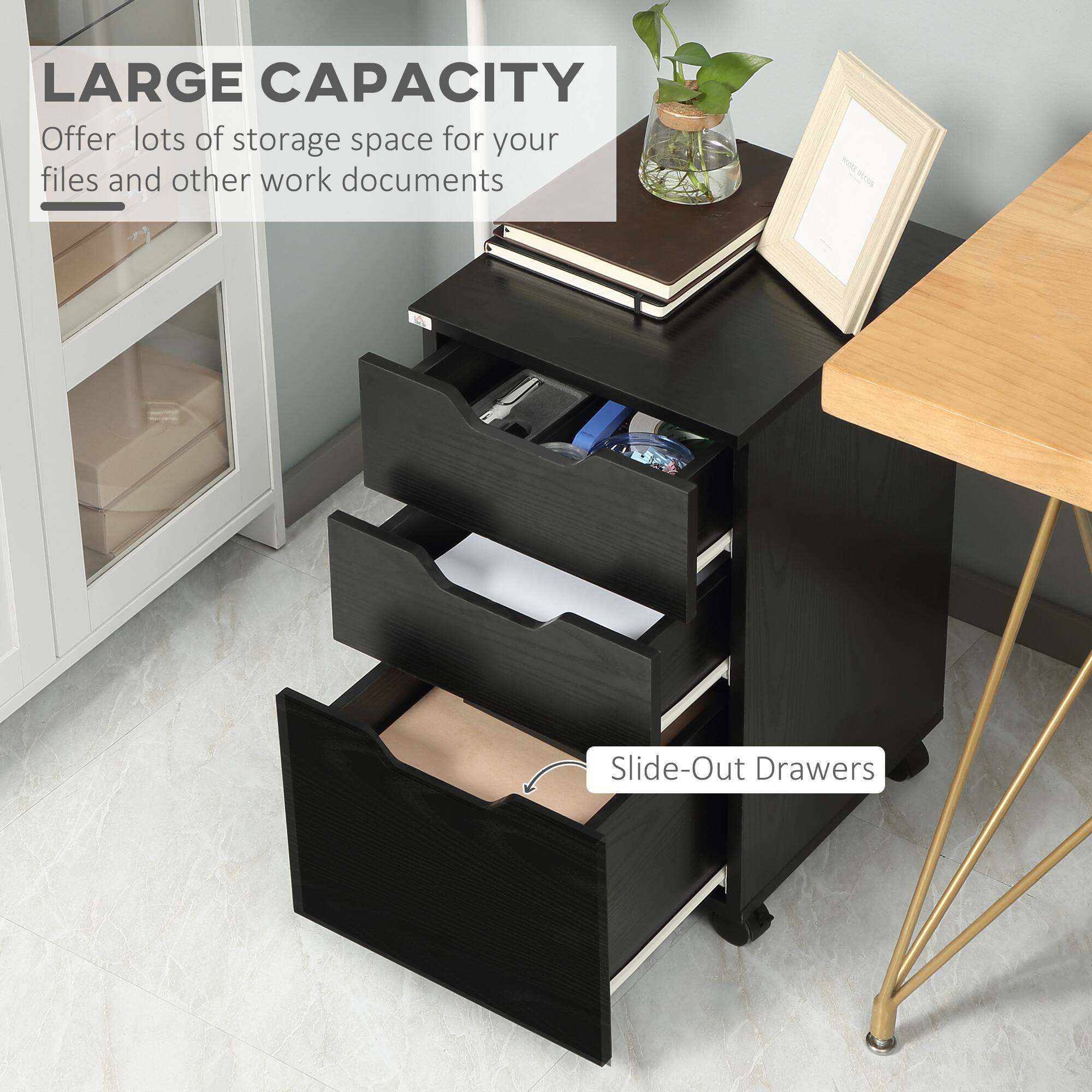 LARGE CAPACITY
Offer lots of storage space for your files and other work documents
Slide-Out Drawers