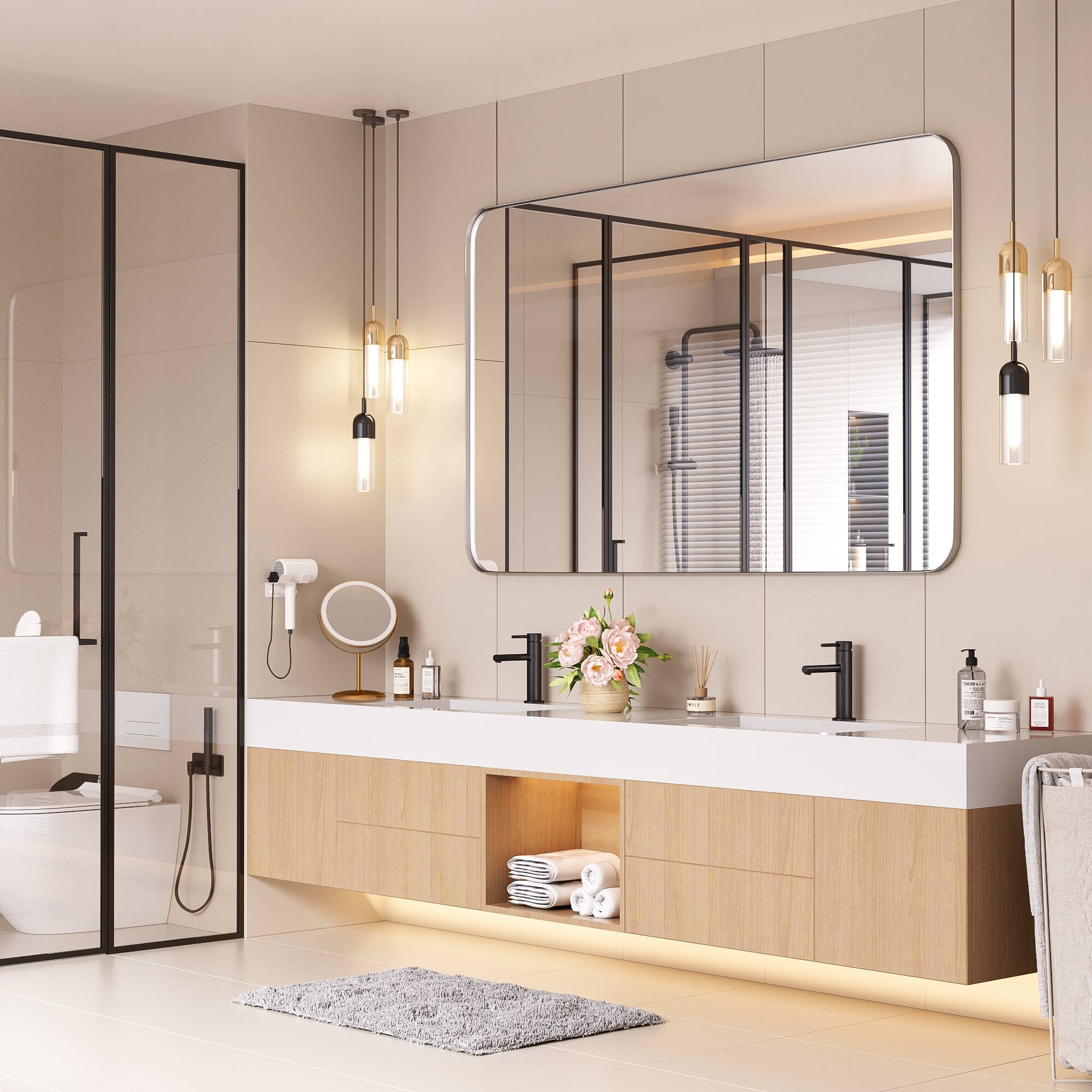 LOVMOR Tempered Glass Rounded Rectangle Framed Wall Mounted Bathroom ...