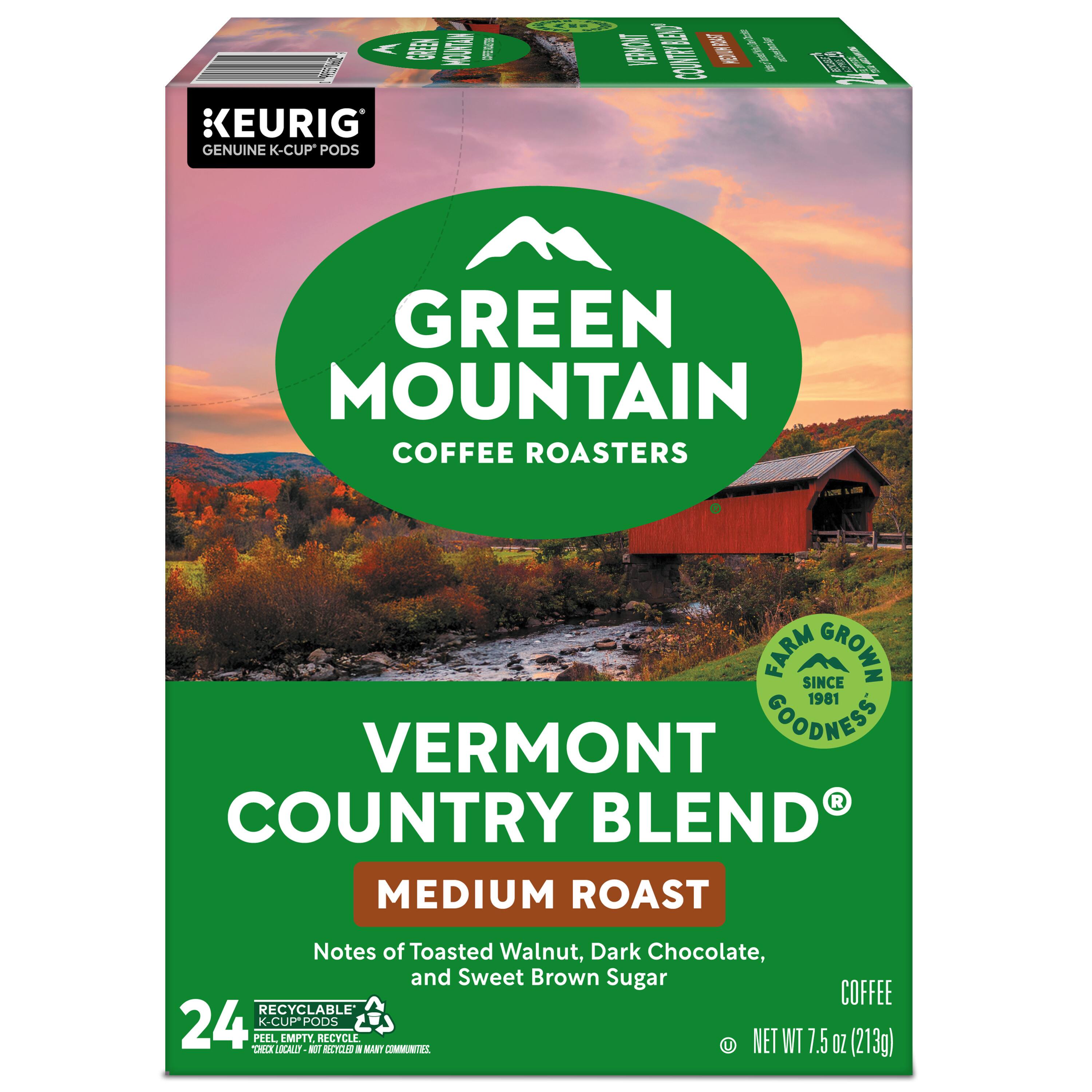 F3 OSA ESC  
KEURIG GENUINE K-CUP PODS  
2 KONE CONTHAEO 2003  
mchlchte aindy  
3 GREEN MOUNTAIN COFFEE ROASTERS  
FARM SINCE GROWN 1981  
COODNESS VERMONT  
COUNTRY BLEND MEDIUM ROAST  
Notes of Toasted Walnut, Dark Chocolate, and Sweet Brown Sugar  
COFFEE RECYCLABLE  
24 K K-CUP PODS  
PEEL EMPTY RECYCLE  
NET WT 7.5 OZ (213g)  
XN - CL I MARY COMMUNITAL