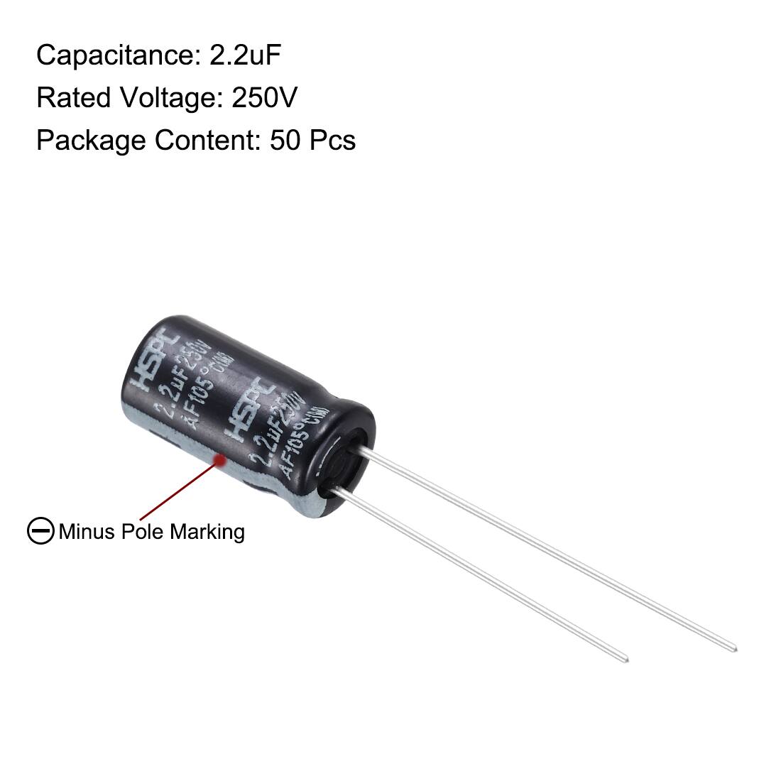 Capacitance: 2.2uF  
Rated Voltage: 250V  
Package Content: 50 Pcs  

HSPC 250v C 2uF AF105 F1050C  
HSPC CIM 2.2UF251 AF105  

Minus Pole Marking