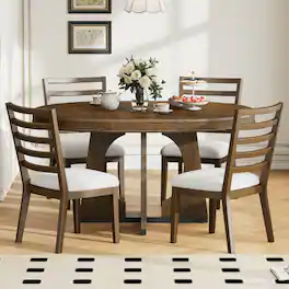 LUCKY ONE - 5-Piece Retro Dining Set with 58" Extendable Round Dining Table and 4 Chairs - Walnut