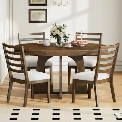 Front. LUCKY ONE - 5-Piece Retro Dining Set with 58" Extendable Round Dining Table and 4 Chairs - Walnut.