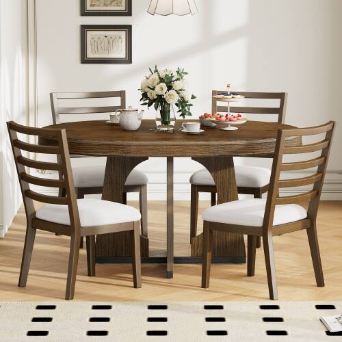 Front. LUCKY ONE - 5-Piece Retro Dining Set with 58" Extendable Round Dining Table and 4 Chairs - Walnut.