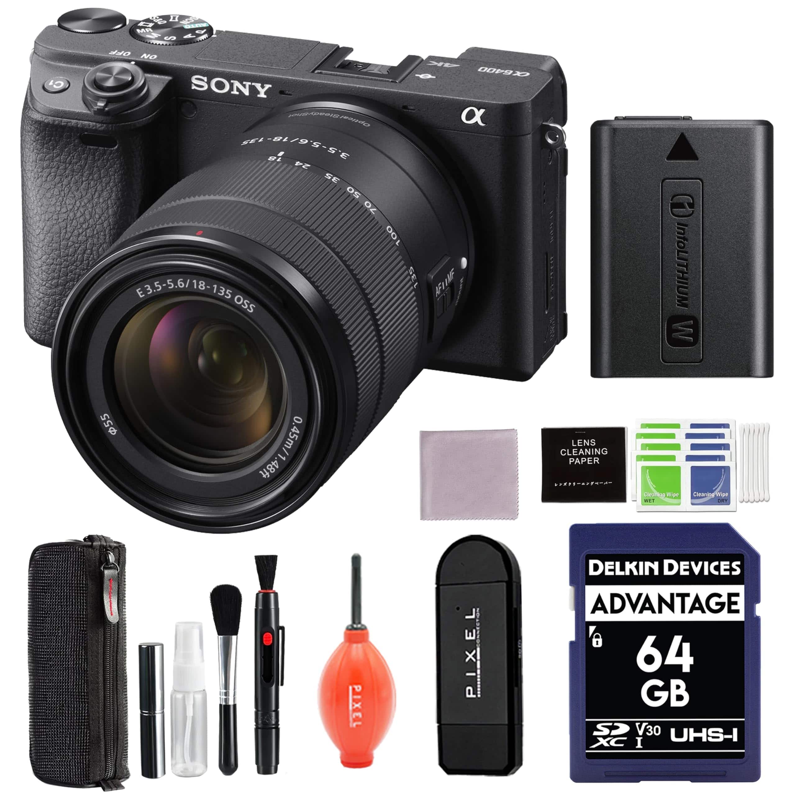 Sony - a6400 Mirrorless Camera with 18-135mm f/3.5-5.6 Lens Bundle with 64GB SD Card + More