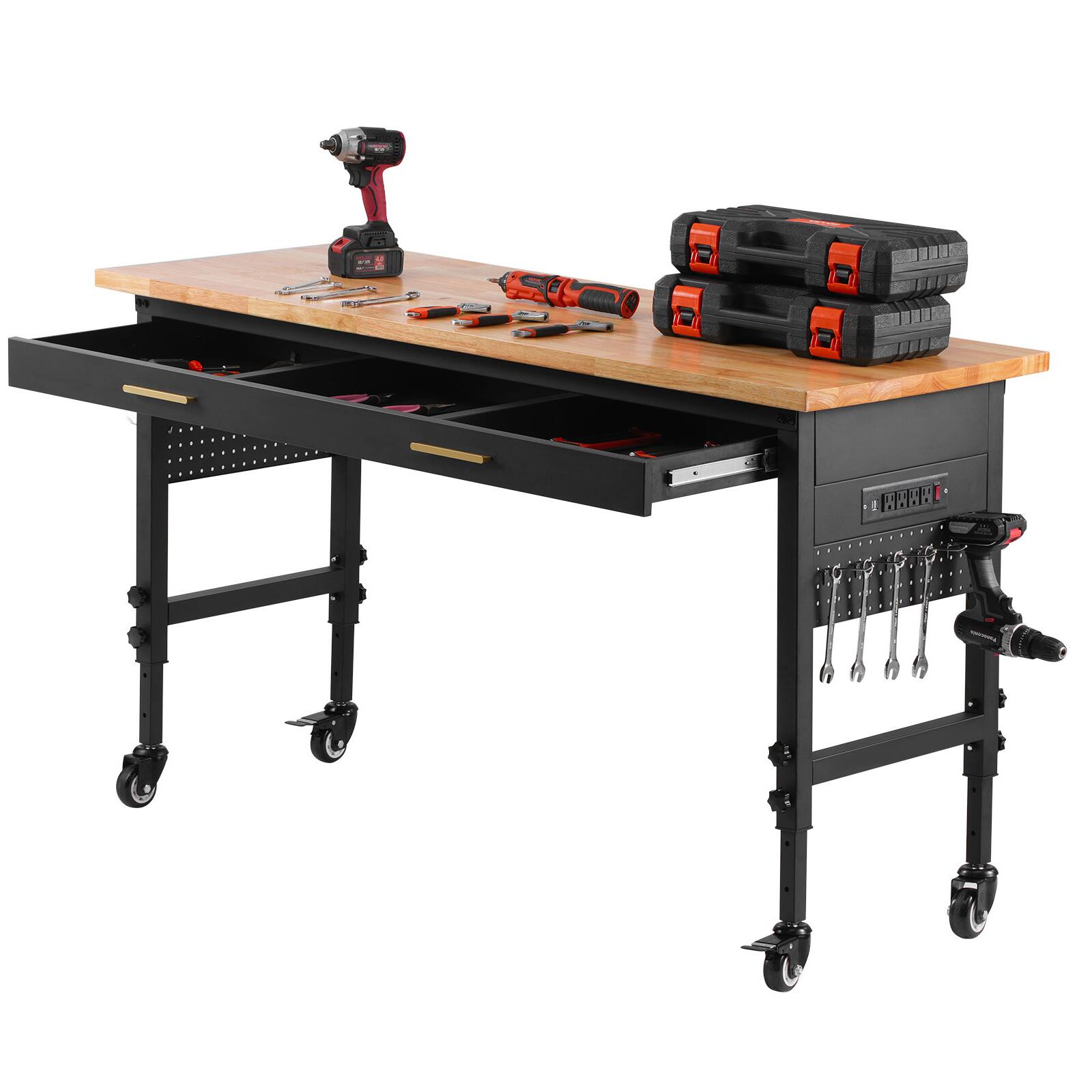 Alt View 5. VEVOR - 60-inch Adjustable Workbench, 1500 lbs Load Capacity, Garage Workbench with Drawer, Power Outlet, Wheels, and Pegboard - Burlywood.
