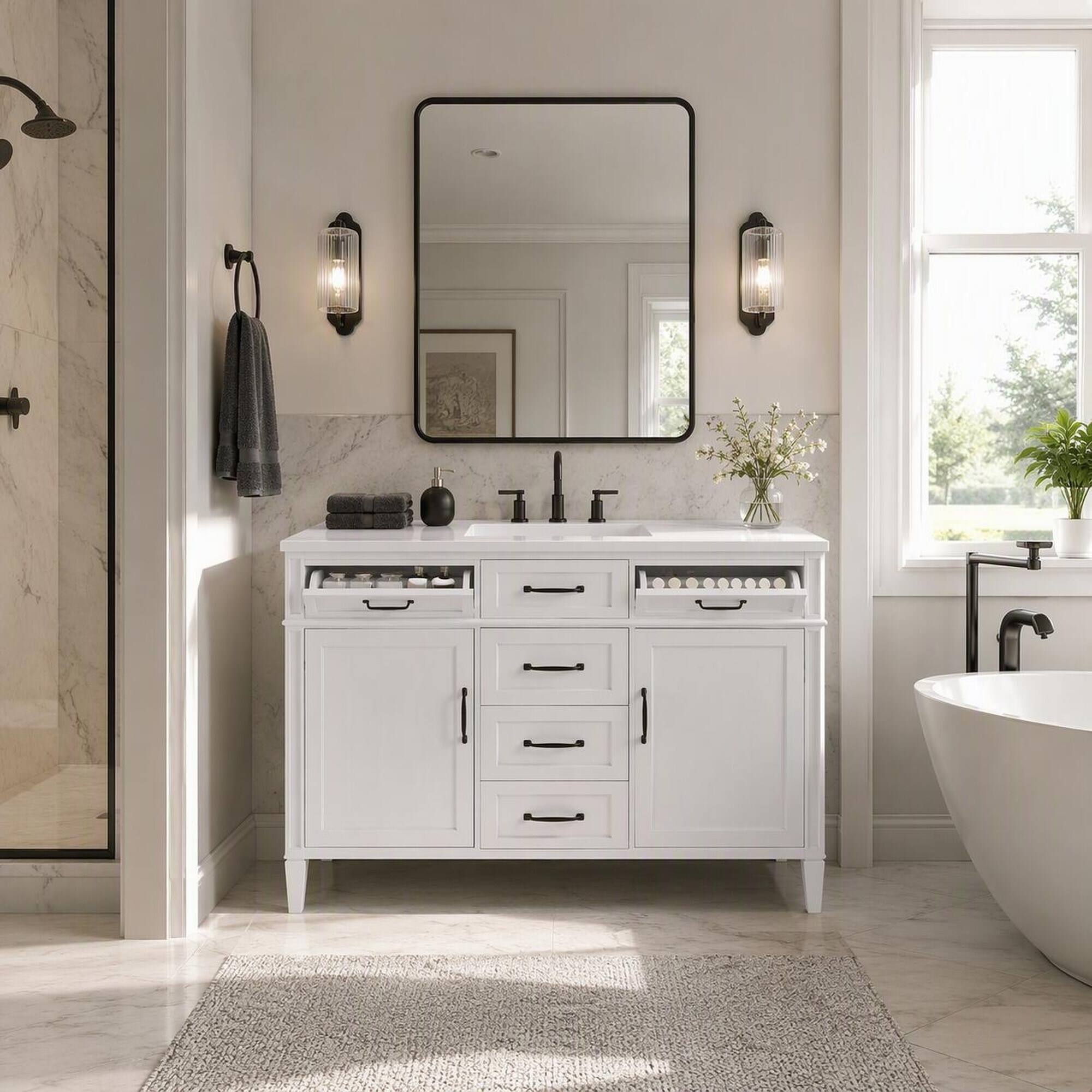 RYHNUYNE 48 Inch Bathroom Vanity with Composite Sink, 4 Drawers and 2 ...