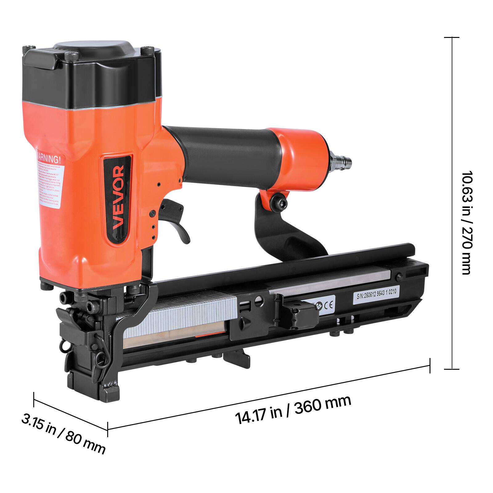 WARNING!  
C - VEVOR  
CE  
SN250812 964310 0210  
10.63 in / 270 mm  
3.15 in / 80 mm  
14.17 in / 360 mm