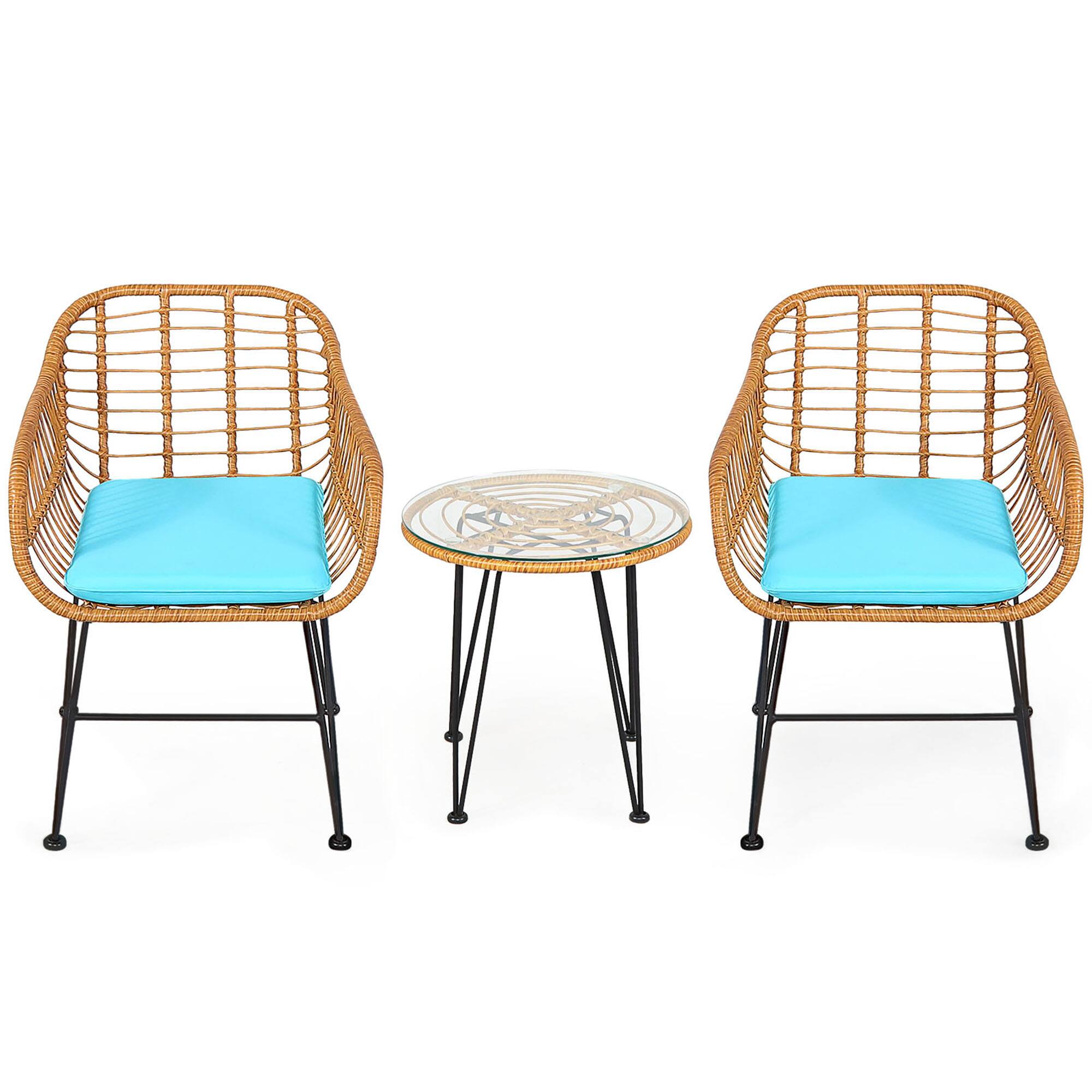 Alt View 1. Gymax - Gymax 3PCS Rattan Patio Bistro Set Conversation Furniture Set w/ Turquoise Cushions - Turquoise.