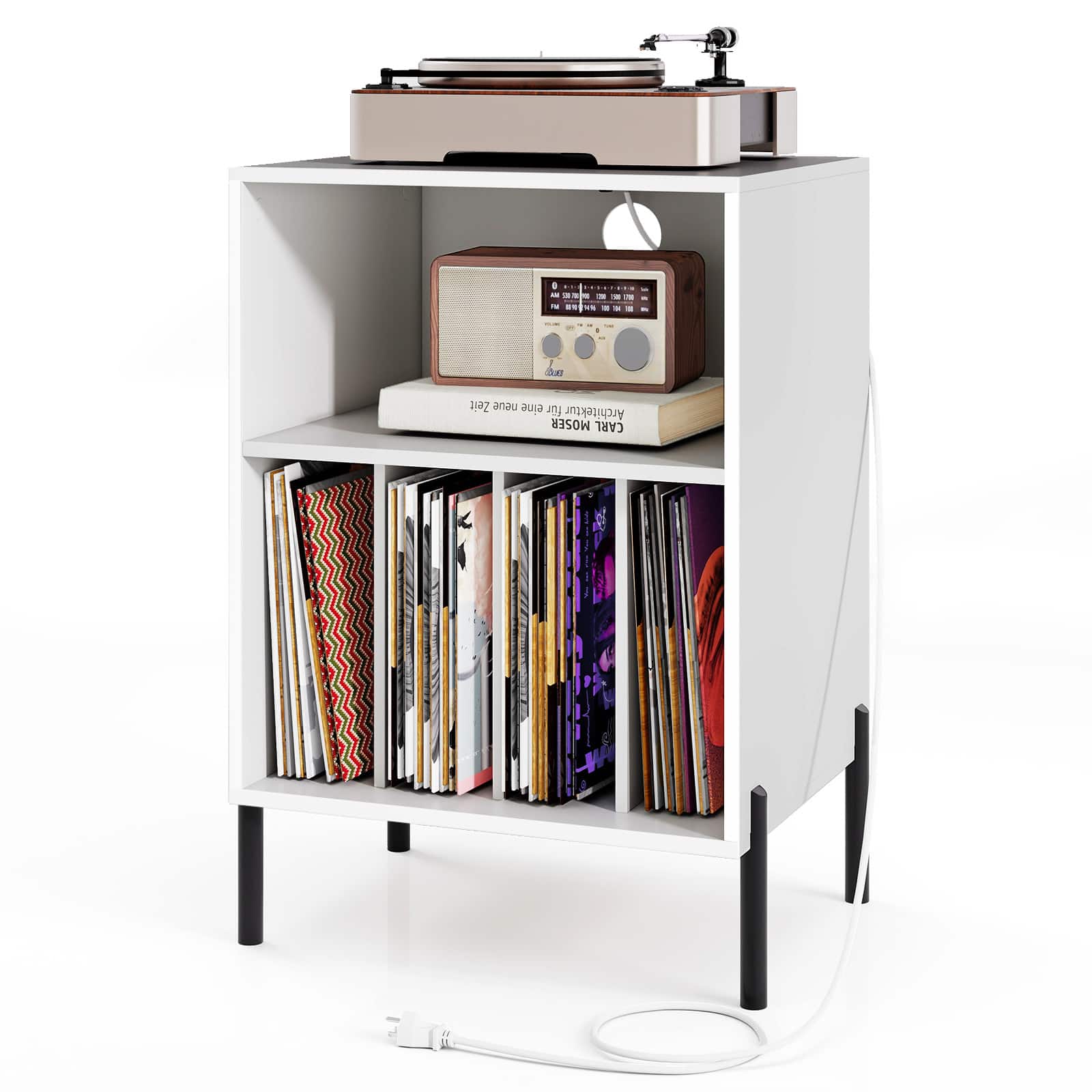 Gymax - Record Player Stand w/Charging Station 5 Storage Compartments Anti-toppling Kits - White