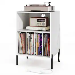 Gymax - Record Player Stand w/Charging Station 5 Storage Compartments Anti-toppling Kits - White