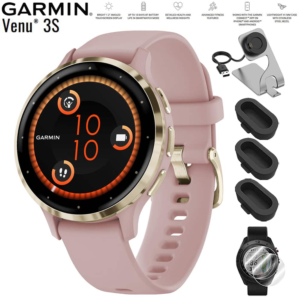 GARMIN Venu 3S

- BRIGHT 1.2" AMOLED TOUCHSCREEN DISPLAY
- UP TO 10 DAYS OF BATTERY LIFE IN SMARTWATCH MODE
- DETAILED HEALTH AND WELLNESS INSIGHTS
- ADVANCED FITNESS FEATURES
- WORKS WITH THE GARMIN LIGHTWEIGHT 41 MM CASE AND STEEL BEZEL
- LIGHTWEIGHT 41 MM CASE AND STEEL BEZEL
- WORKS WITH IPHONE AND ANDROID SMARTPHONES