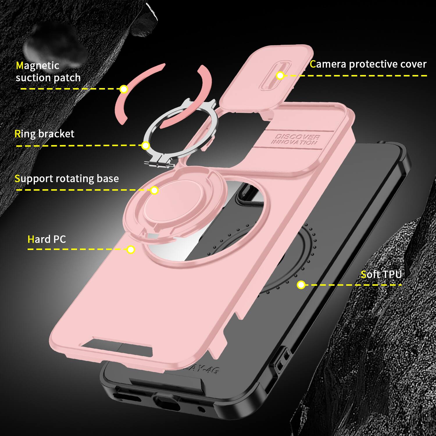 Magnetic suction patch  
Camera protective cover  
Ring bracket  
DISCOVER INNOVATION  
Support rotating base  
Hard PC  
Soft TPU  
AY-AG