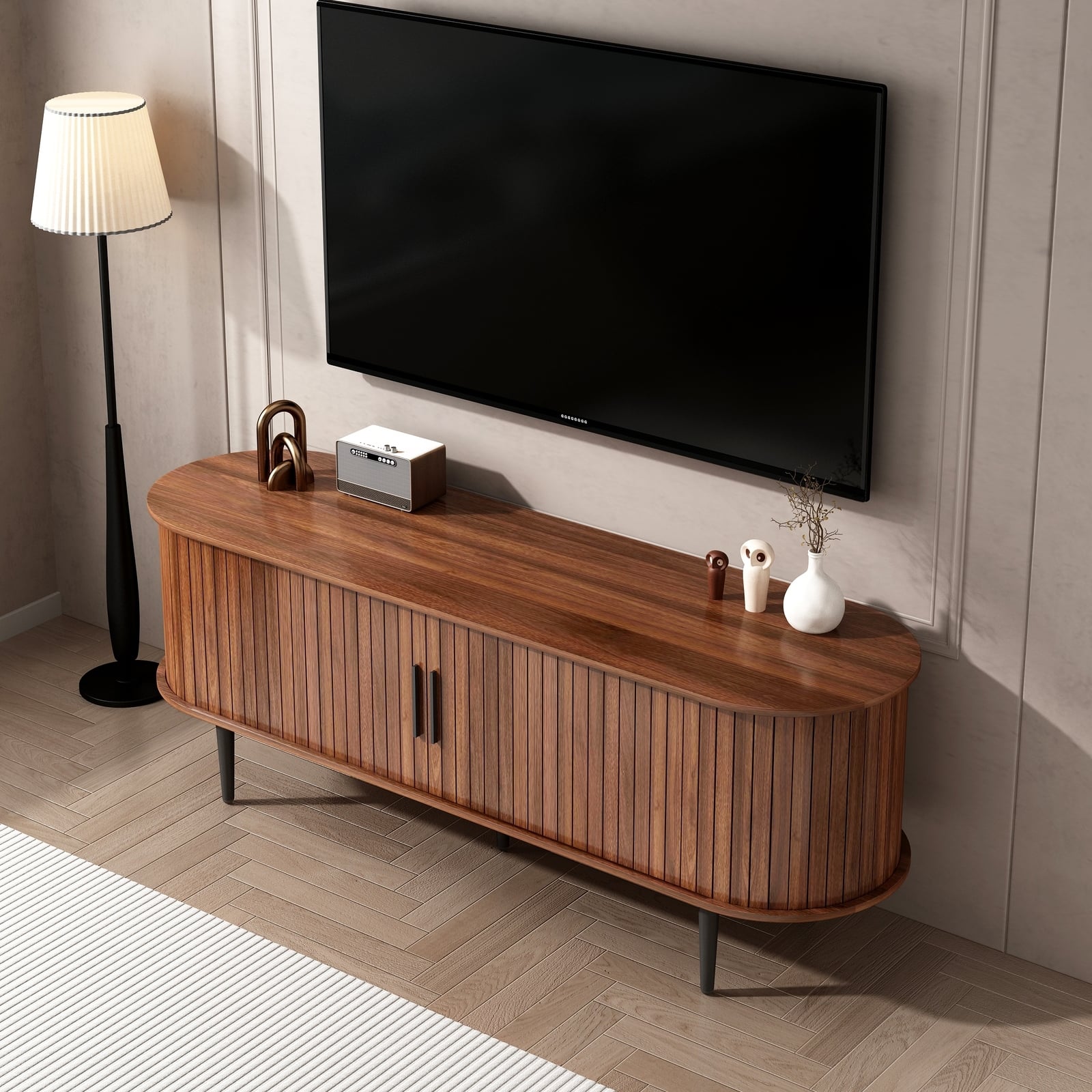 Spaco - TV Stand for 55 Inch TVs, Modern Console with Sliding Door, Storage Cabinet, Finish for Living Room - Walnut