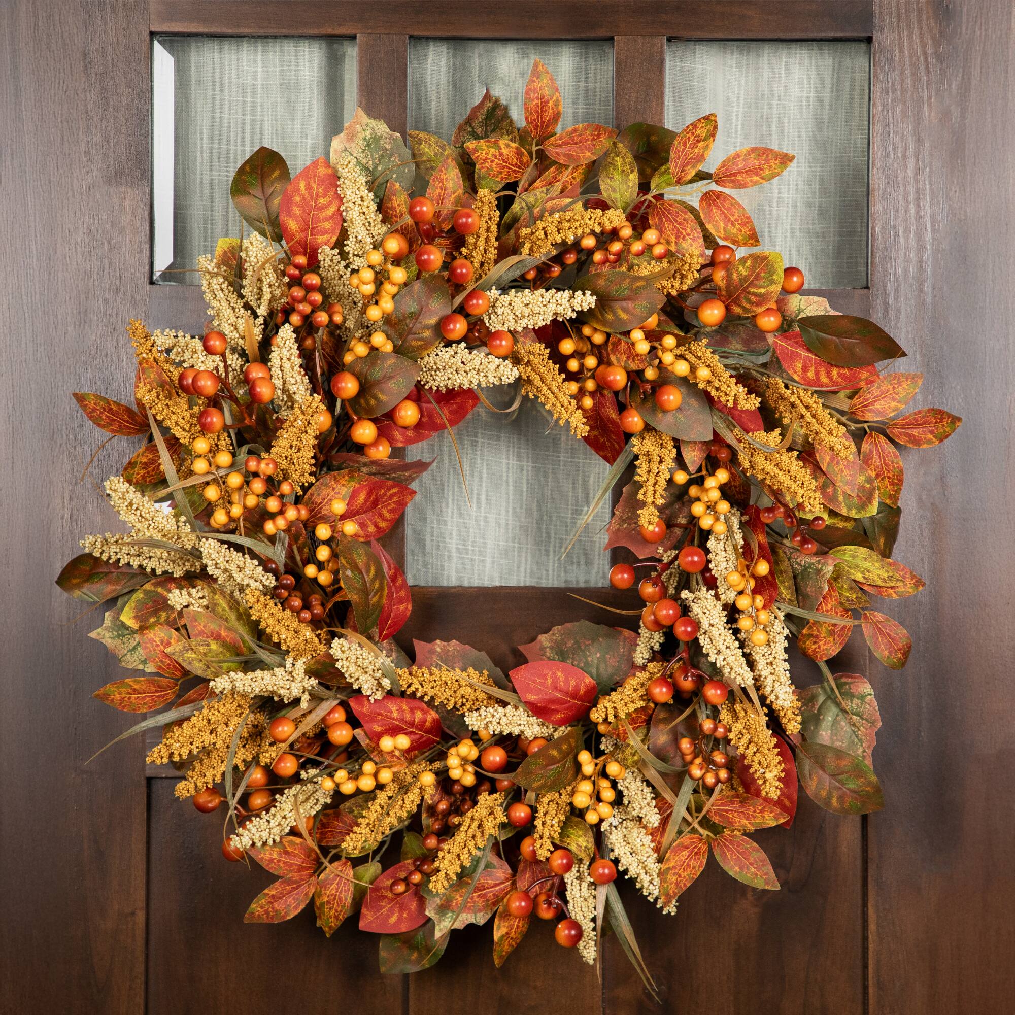 Alt View 2. Northlight - Autumn Leaves, Grass Blades and Berries Artificial Fall Harvest Wreath - 24" - Orange.
