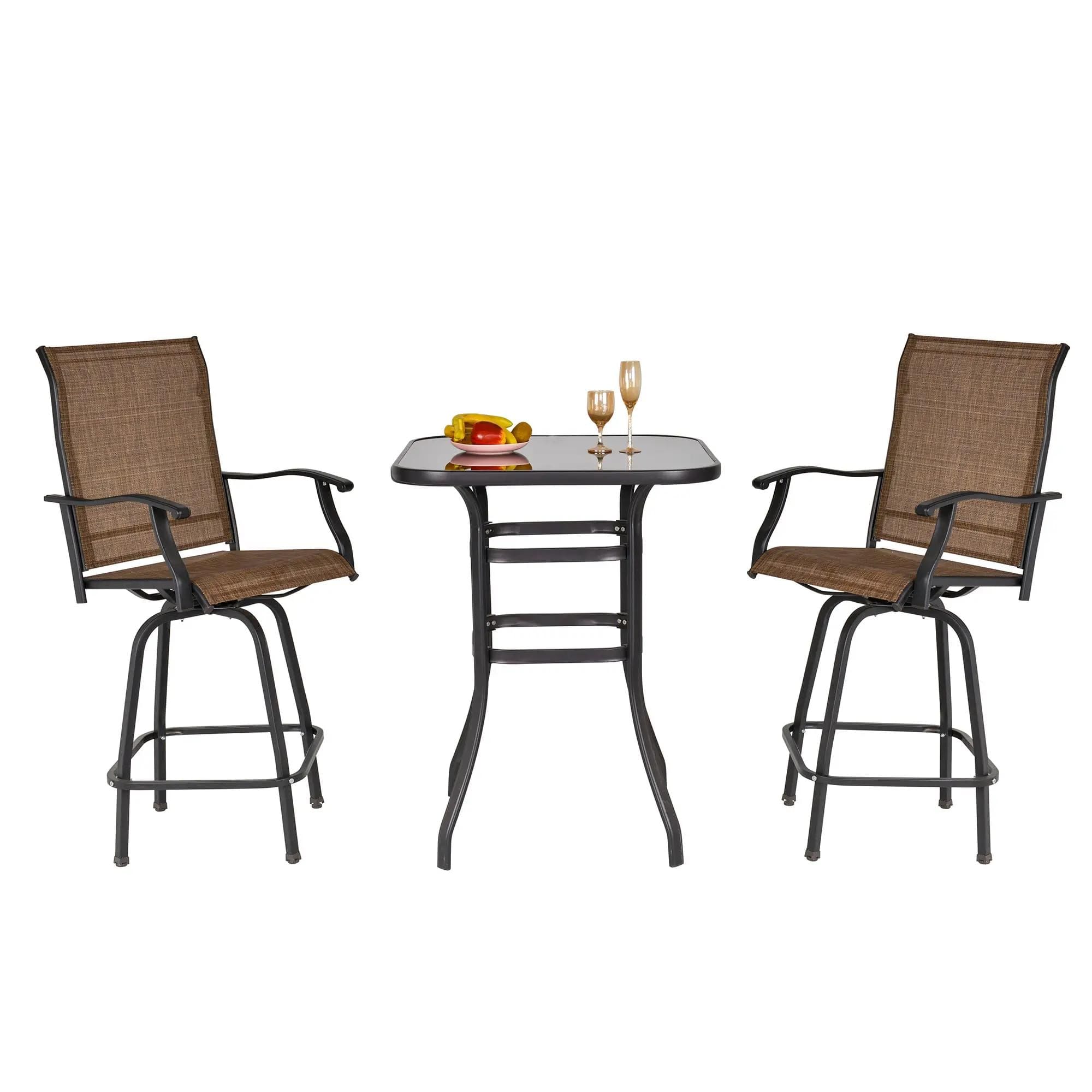 Resenkos - 3-Piece Patio Outdoor Table Set, Two Swivel Stools And A Bar Table, Steel, Mesh - Brown