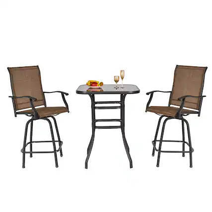 Front. Resenkos - Resenkos 3-Piece Patio Outdoor Table Set, Two Swivel Stools And A Bar Table, Steel, Mesh,Brown - Brown.