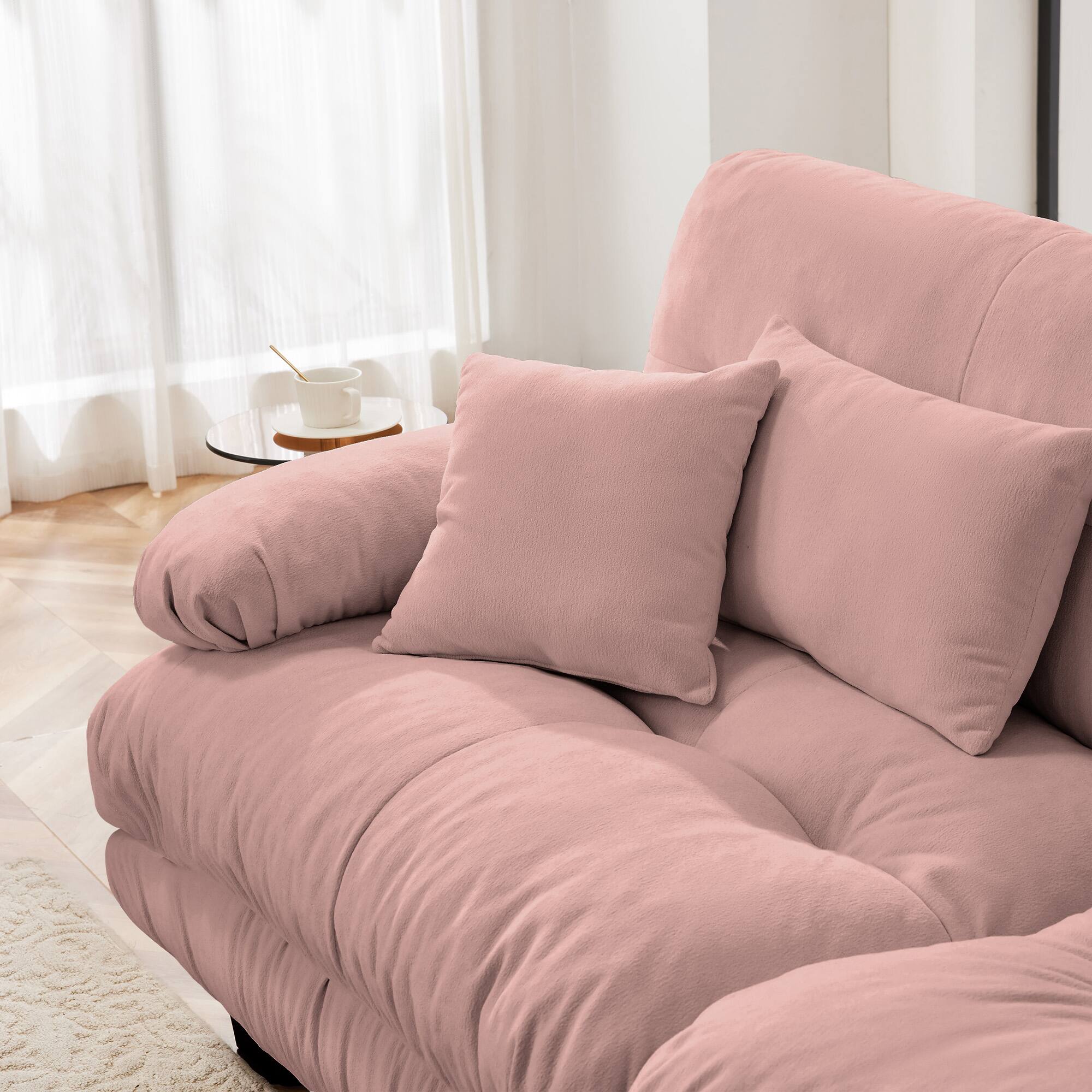 Alt View 2. DOMETOUR - Cloud Couch Chenille 2 Seater sofa with 2 Lumbar pillows and 2 throw pillows Upholstered Wide Arm Sofa with 2 Ottomans - Chenille Pink.
