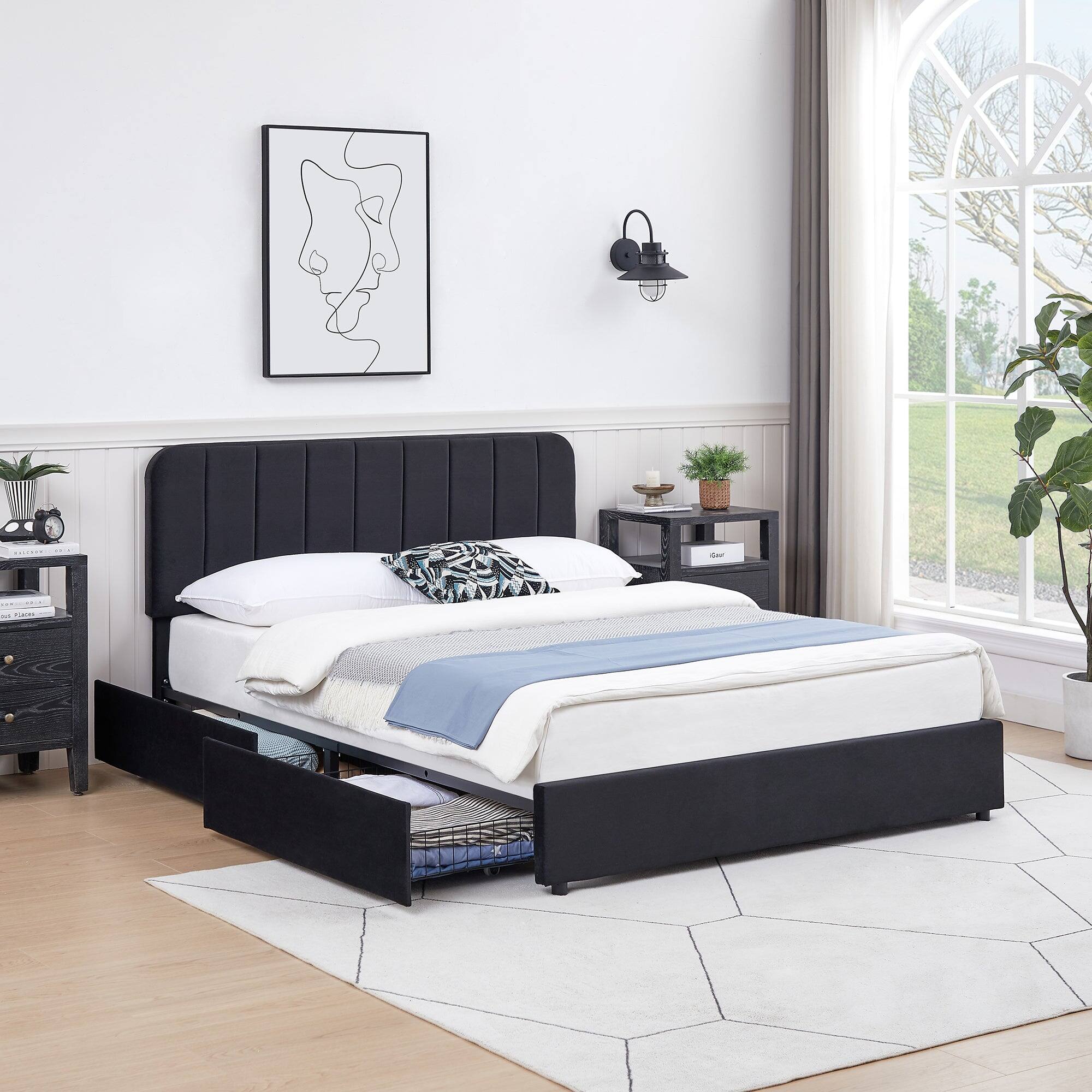 Left. Vecelo - King Size Storage Bed Frame with 4 Drawers - Velvet Upholstered, Adjustable Headboard, 800lb Capacity, Noise Free - Black.