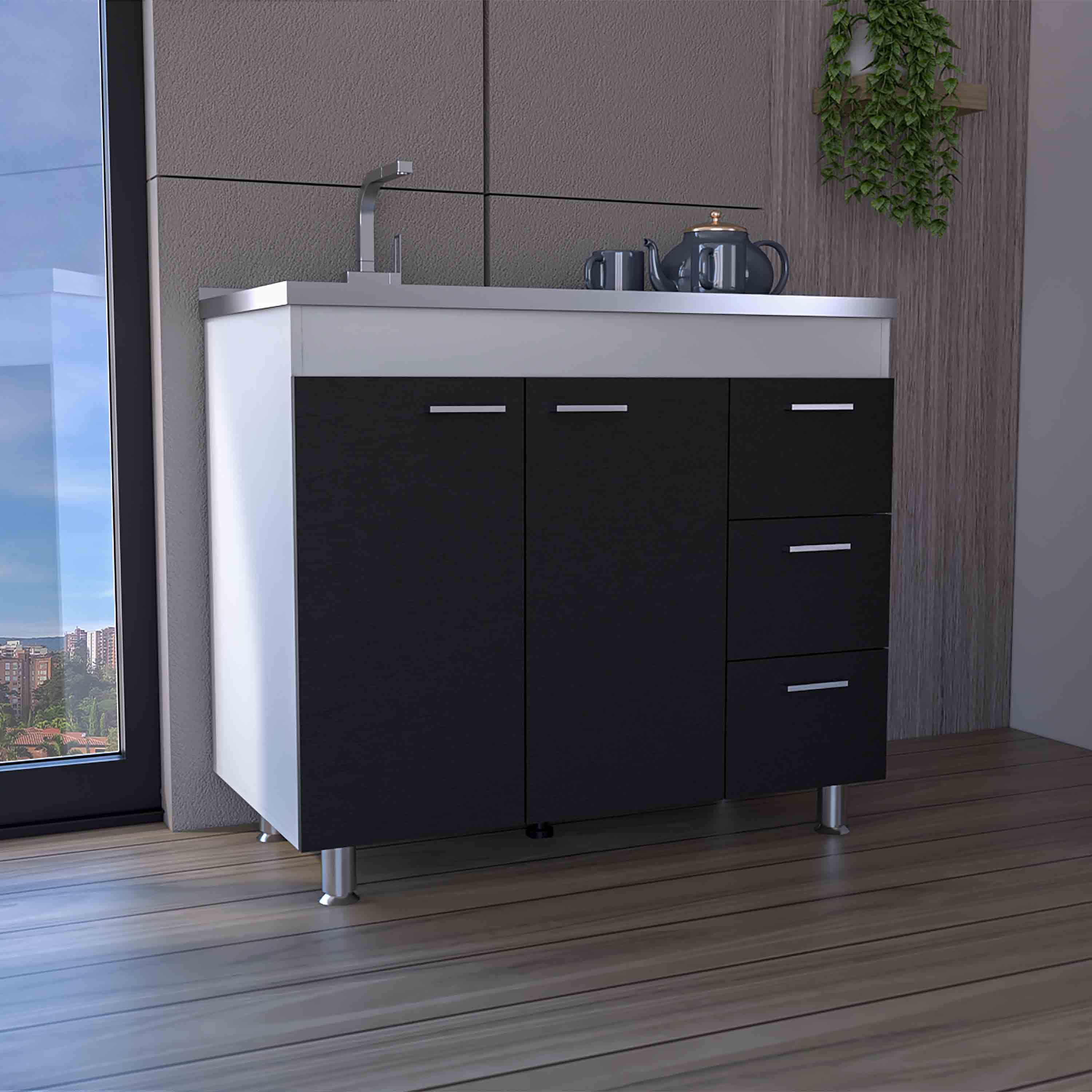 Left. TuHome - Ferretti Utility Sink With Three Drawers And Double Door Cabinet - White / Black.