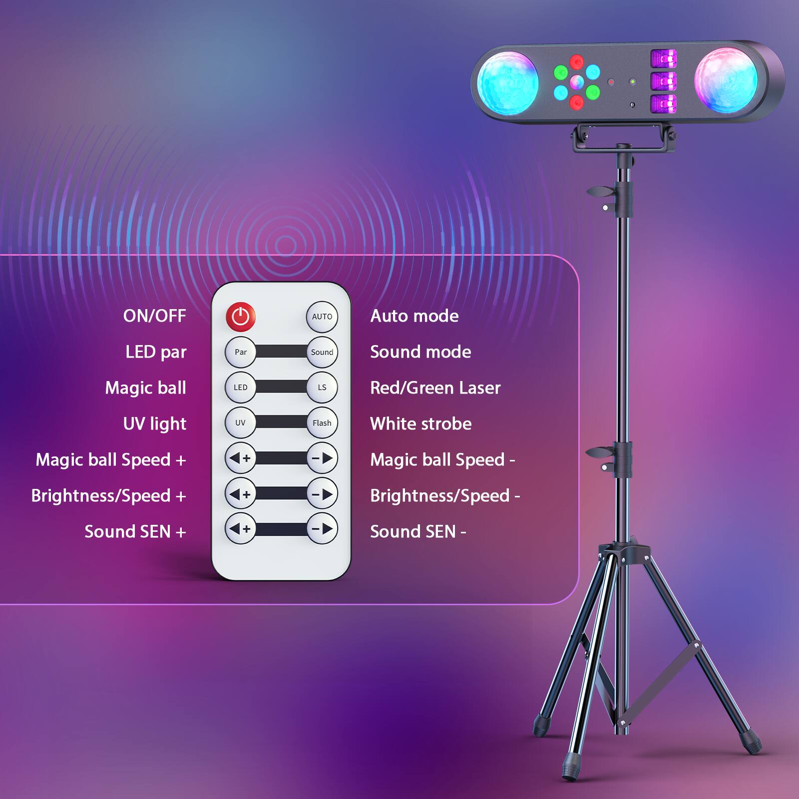 Sure, here is the corrected and grouped text from the image:

- **ON/OFF**
- **AUTO**
- **LED par**
- **Sound**
- **Magic ball**
- **LS**
- **Red/Green Laser**
- **UV light**
- **White strobe**
- **Magic ball Speed +**
- **Magic ball Speed -**
- **Brightness/Speed +**
- **Brightness/Speed -**
- **Sound SEN +**
- **Sound SEN -**

- **Auto mode**
- **Sound mode**
- **UV Flash**