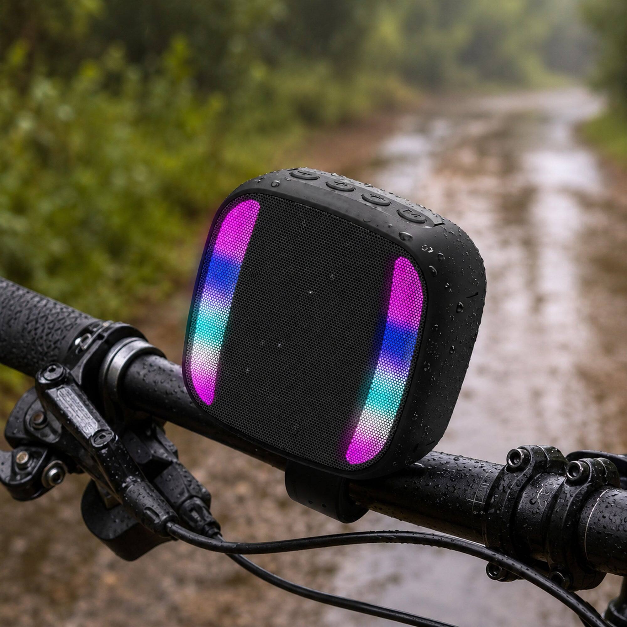 Back. iBasics - LED Wireless Bike Speaker – Bluetooth Bicycle Speaker with Lights - Black.