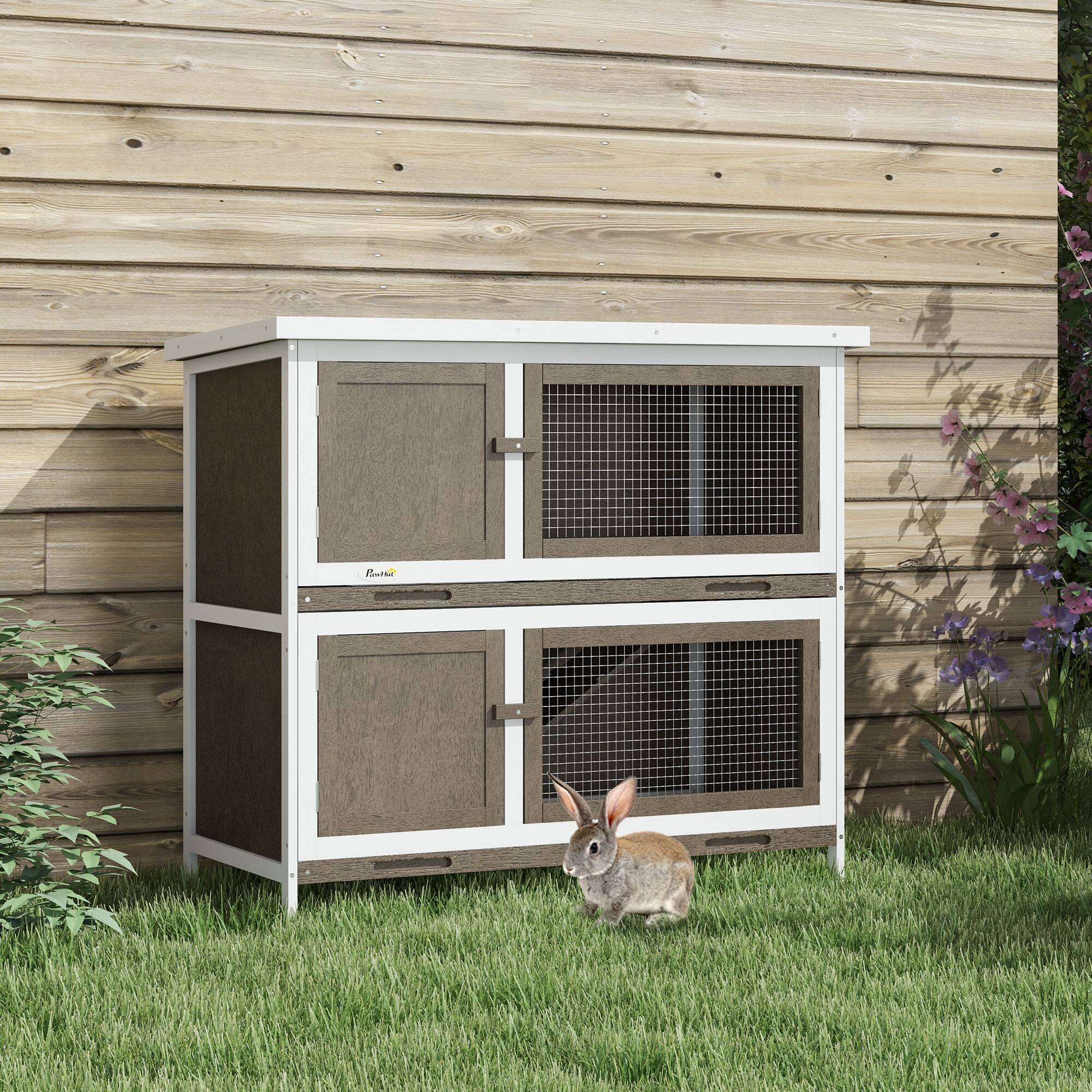 Angle. Pawhut - Wooden Bunny Rabbit Hutch, Small Animal Habitat with Ramp, Removable Tray, Weatherproof Roof, Indoor/Outdoor Use.